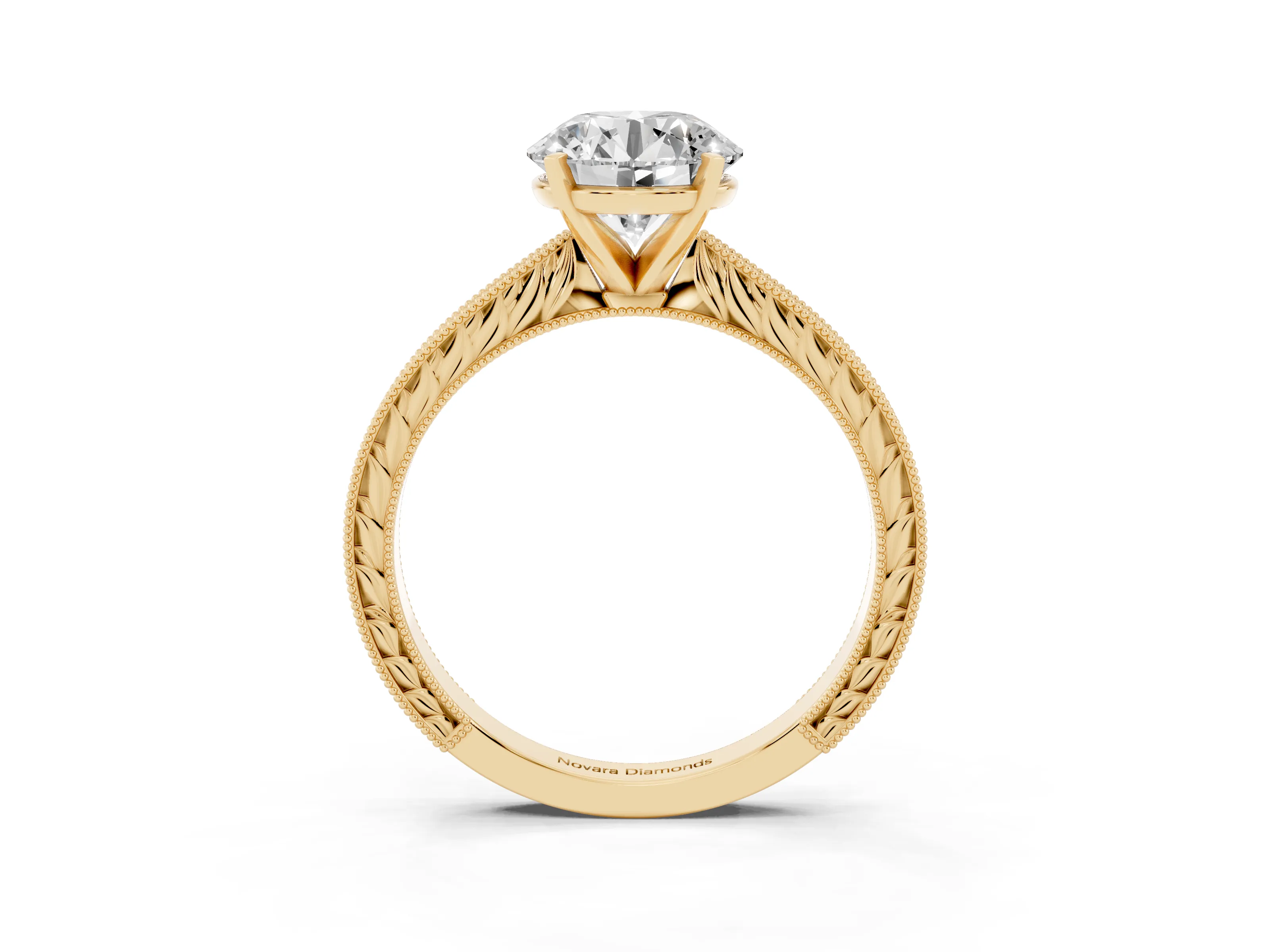 Round Cut Diamond Solitaire Milgrain Engraved Band Set in Yellow gold with Prong Setting