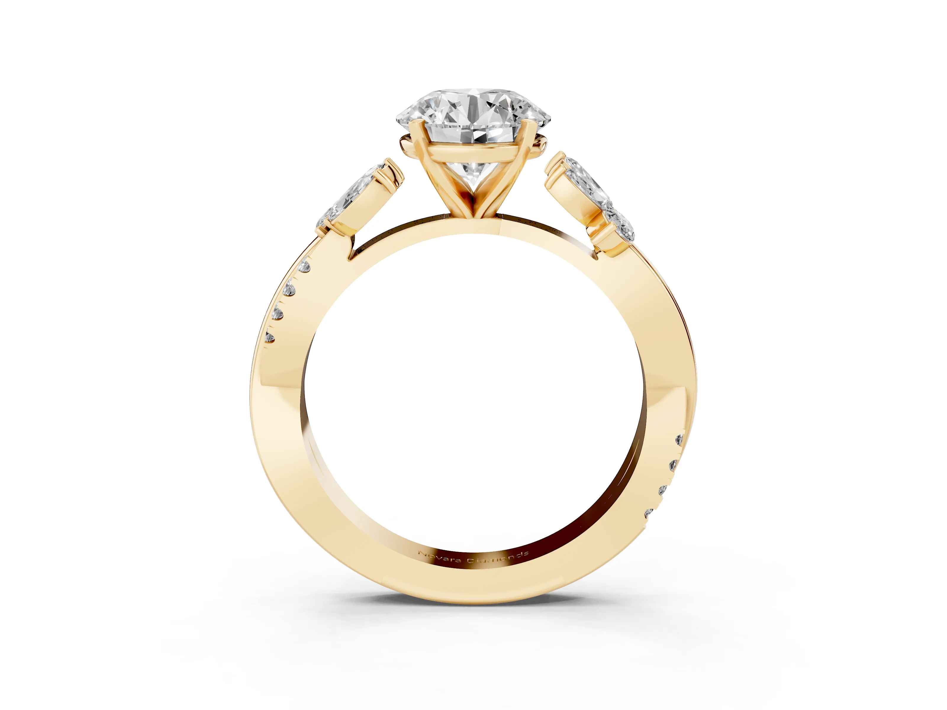 Round Cut Diamond Floral Vine Solitaire Engagement Ring Set in Yellow gold with Marquise Leaves