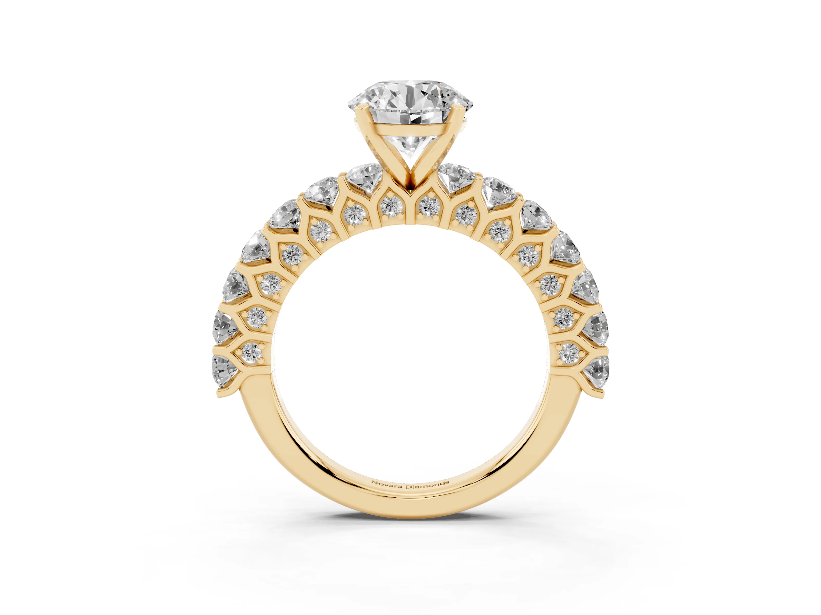 Round Cut Diamond Solitaire Ring Set in Yellow gold with Shared Prong Pavé Band