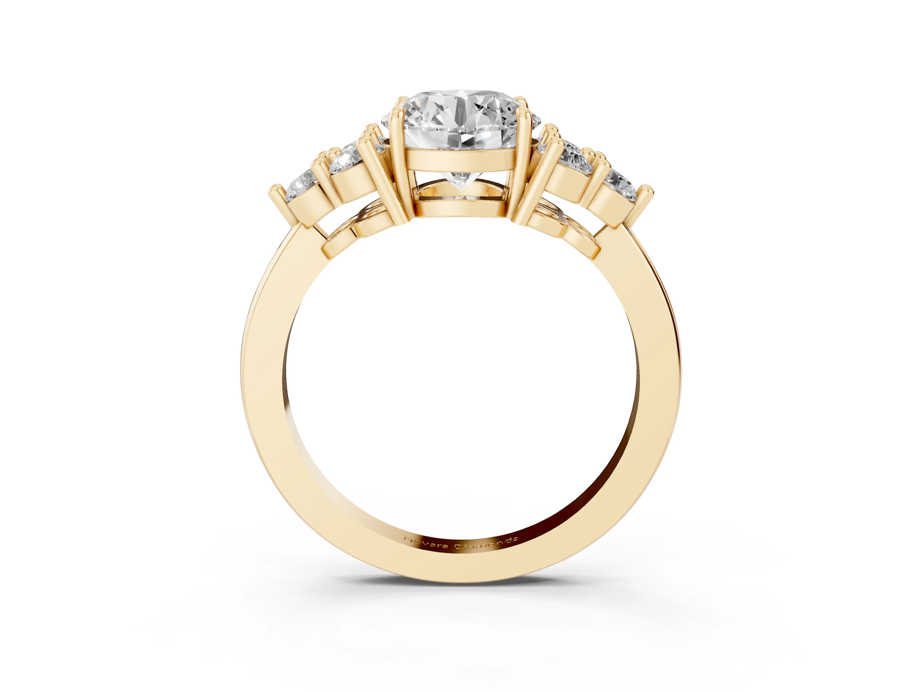 Round Cut Diamond Solitaire Ring Set in Yellow gold with Cluster Accents on Each Side