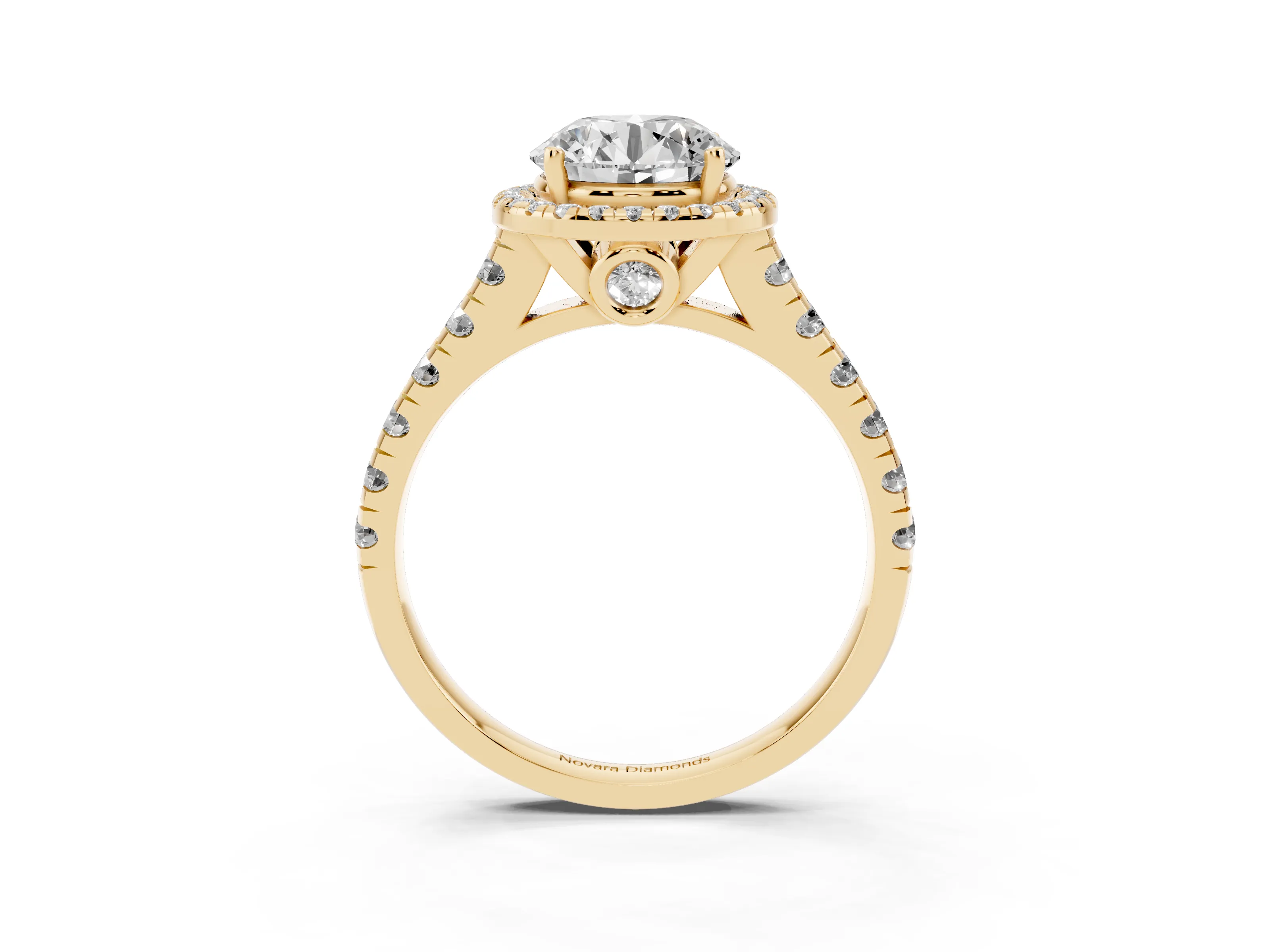 Round Cut Diamond Halo Engagement Ring Set in Yellow gold with Pavé Band and Prong-Set Center