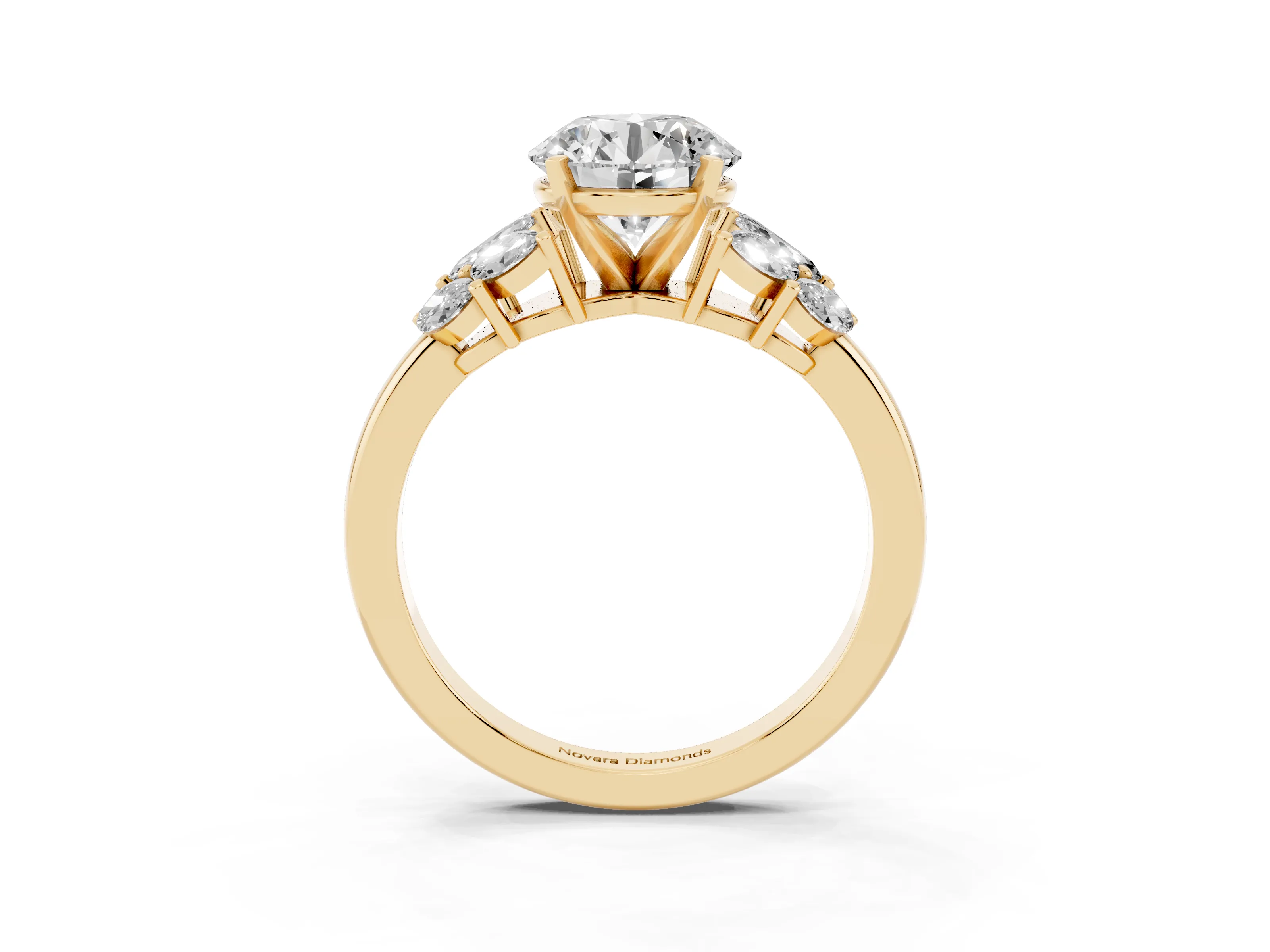 Round Cut Diamond Cluster Leaf Design Ring Set in Yellow gold with Prong Setting