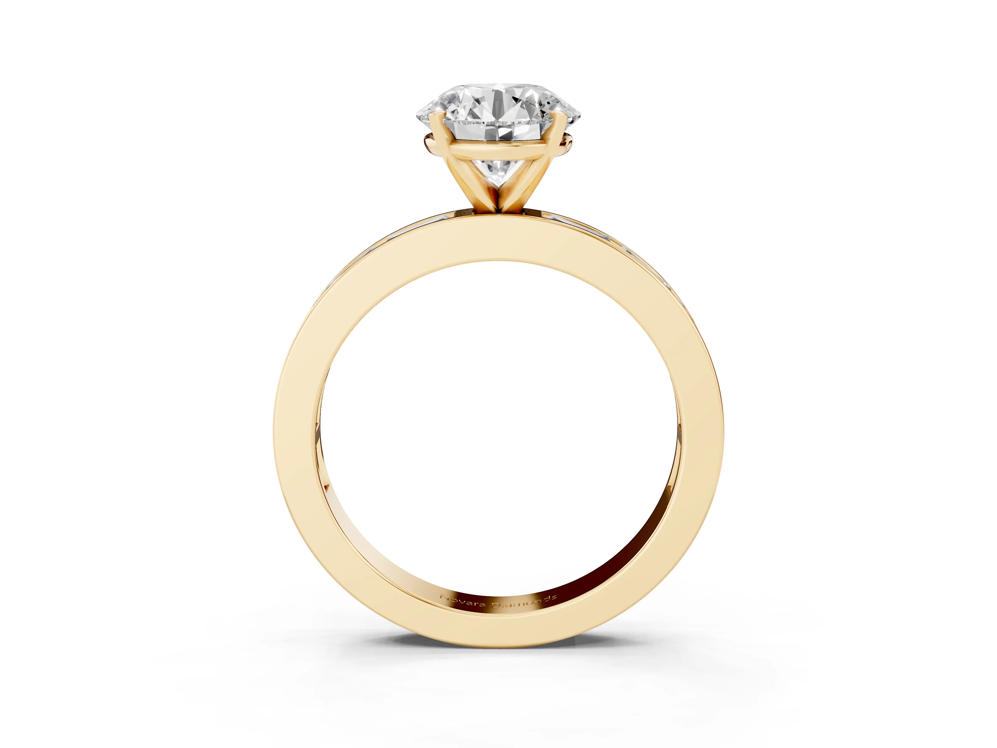 Round Cut Diamond Solitaire Ring Set in Yellow gold with Channel-Set Baguette Band and Prong Setting