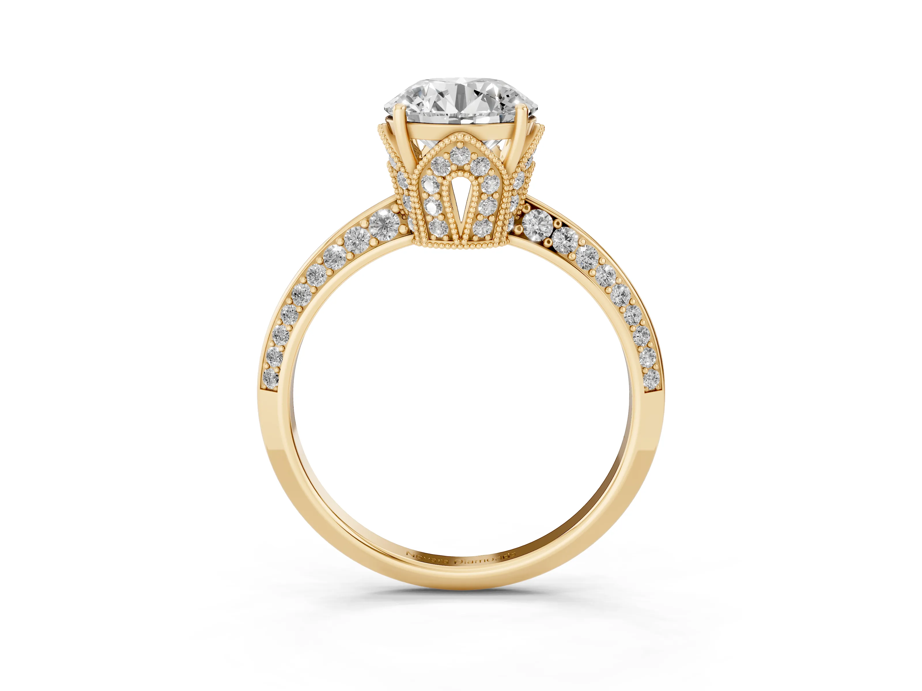 Round Cut Diamond Solitaire Engagement Ring Set in Yellow gold with Pavé Split Shank and Prong Setting