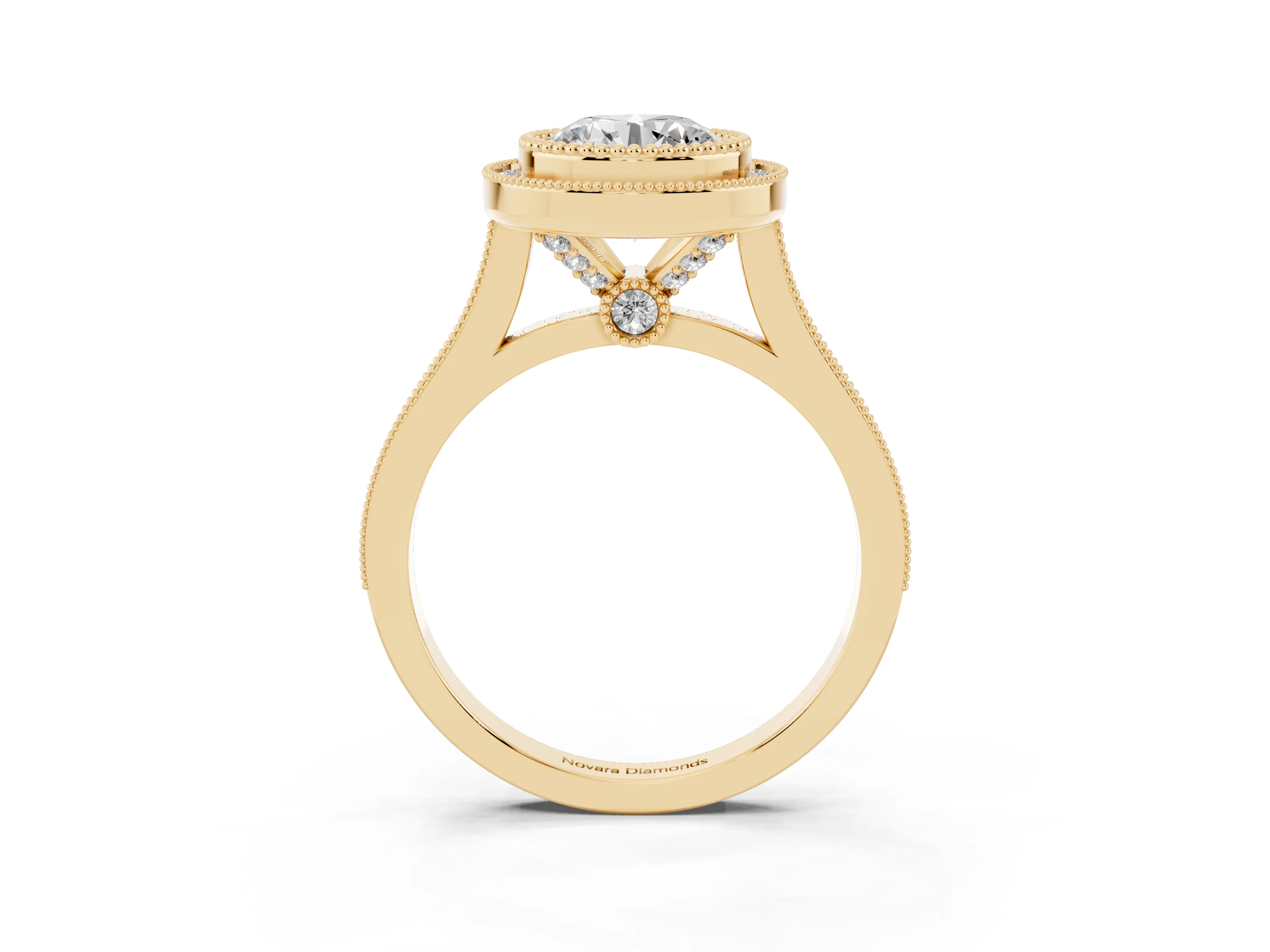 Round Cut Diamond Halo Ring Set in Yellow gold with Milgrain Frame and Pavé Band