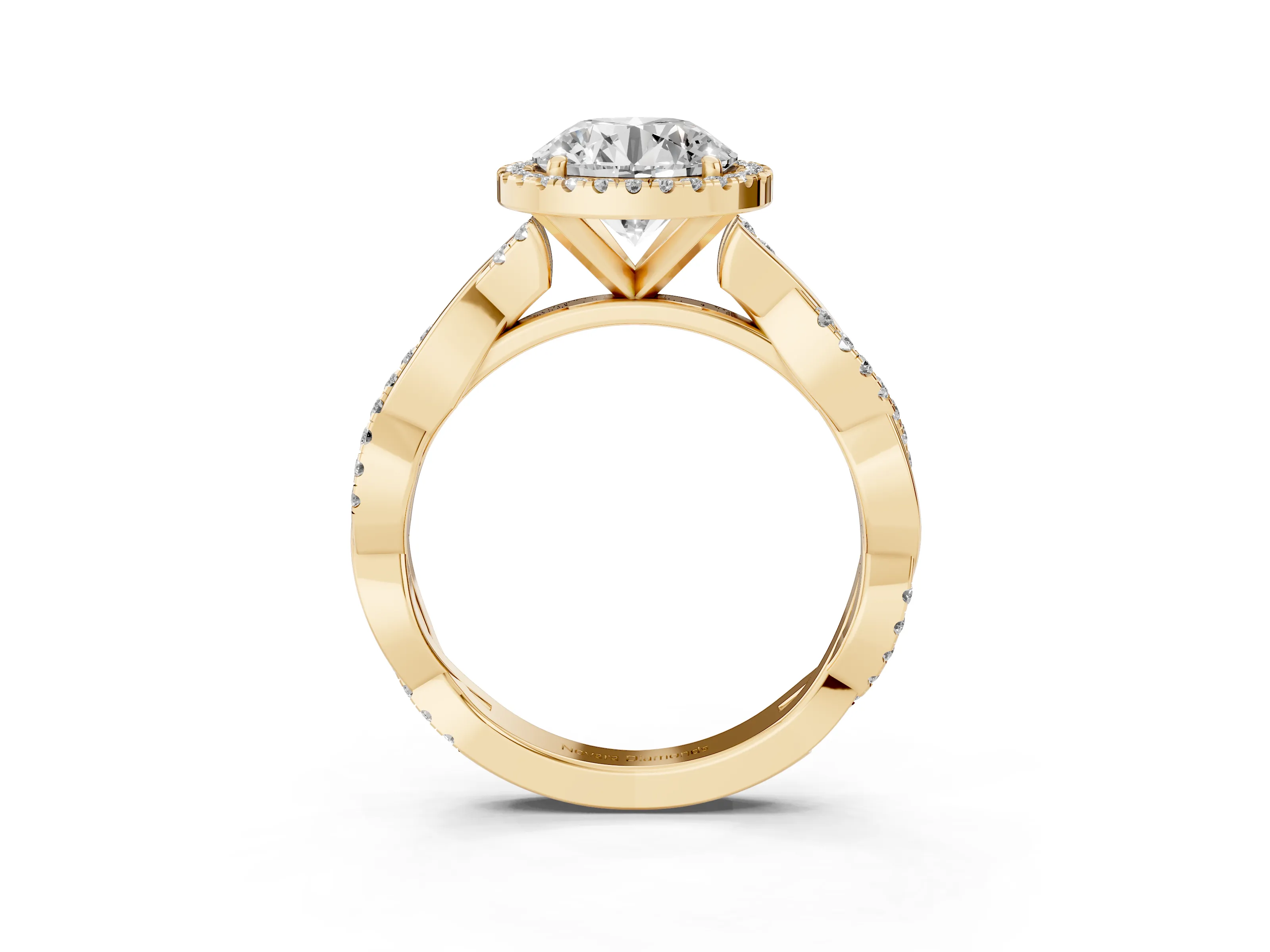 Round Cut Diamond Halo Twisted Band Ring Set in Yellow gold with Prong Setting