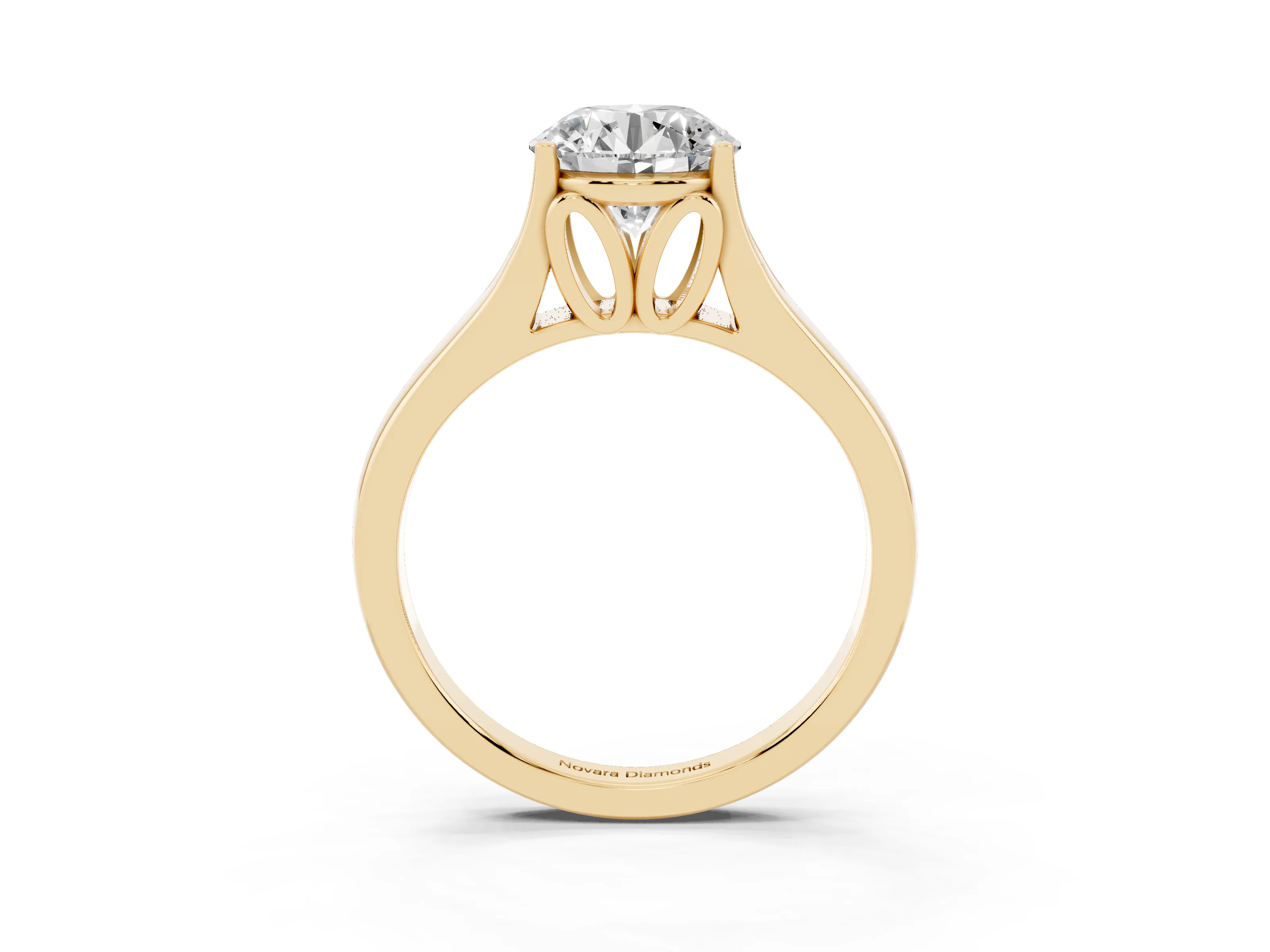 Round Cut Diamond Solitaire Ring Set in Yellow gold with Arched Cathedral Band and Prong Setting