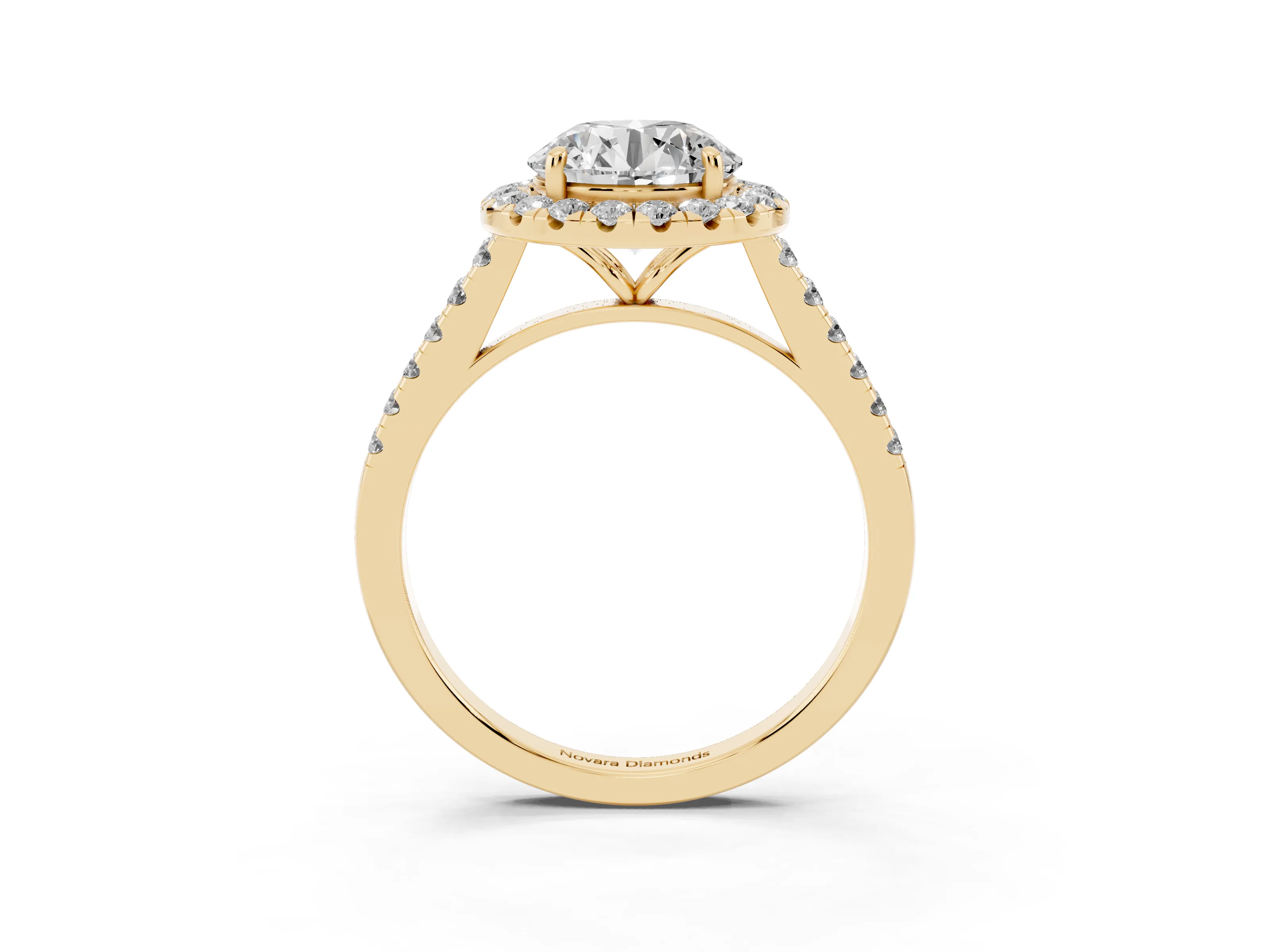 Round Cut Diamond Halo Pavé Engagement Ring Set in Yellow gold with Prong Setting