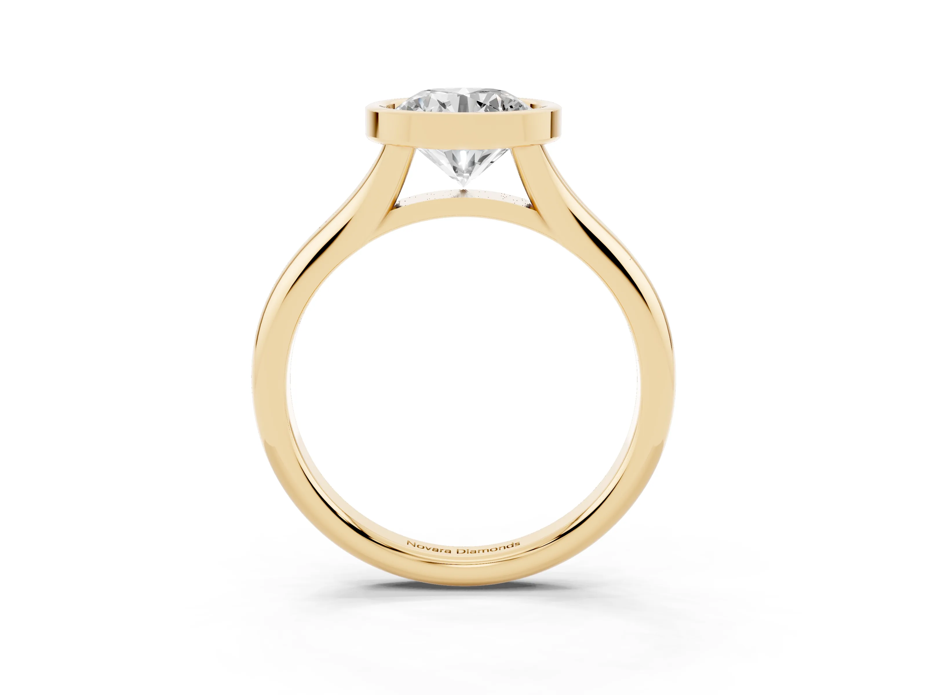 Bezel Set Round Cut Diamond Solitaire Ring Set in Yellow gold with Smooth Band