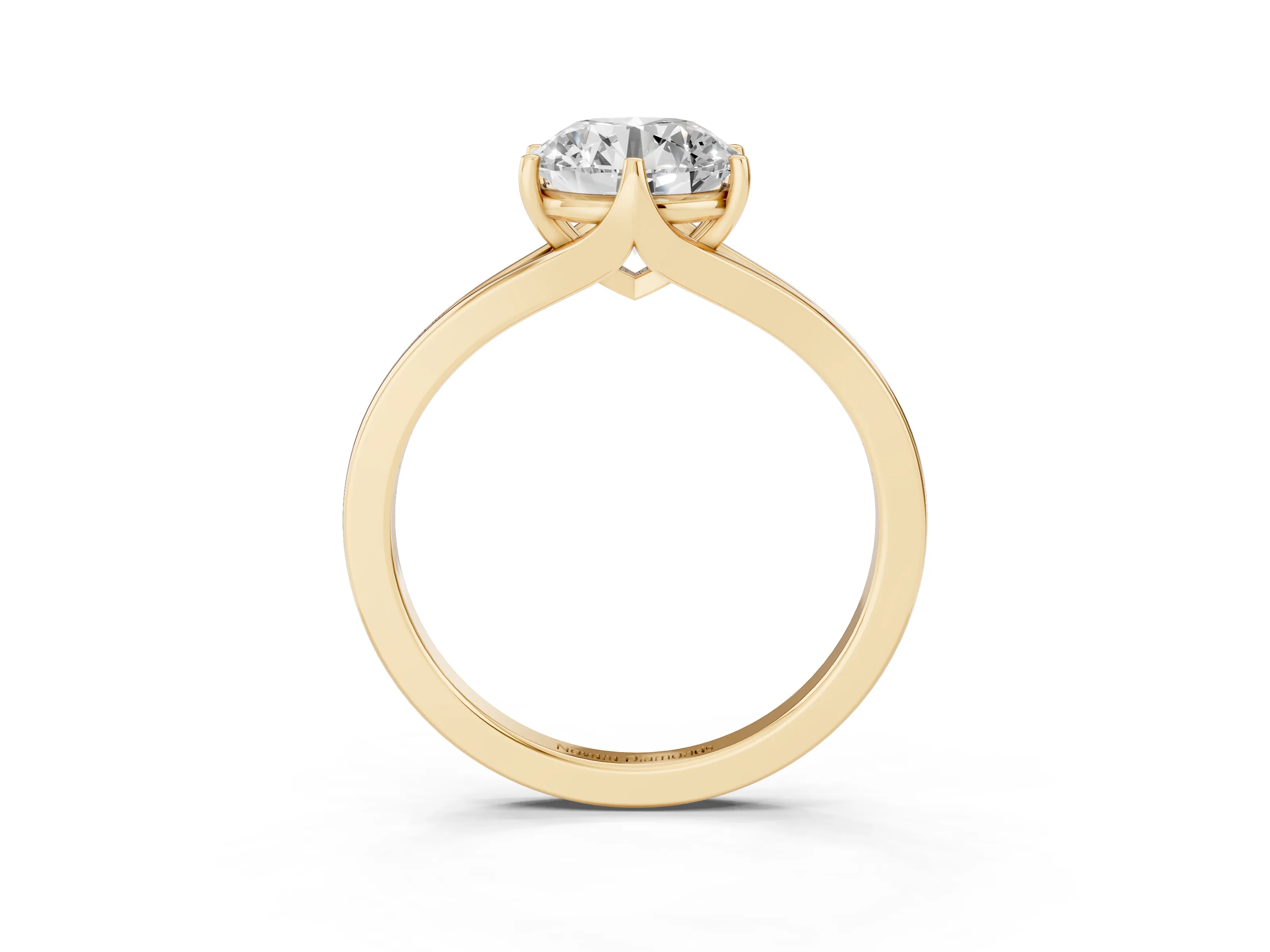 Round Cut Diamond Solitaire Ring Set in Yellow gold with Polished Tapered Band and Prong Setting