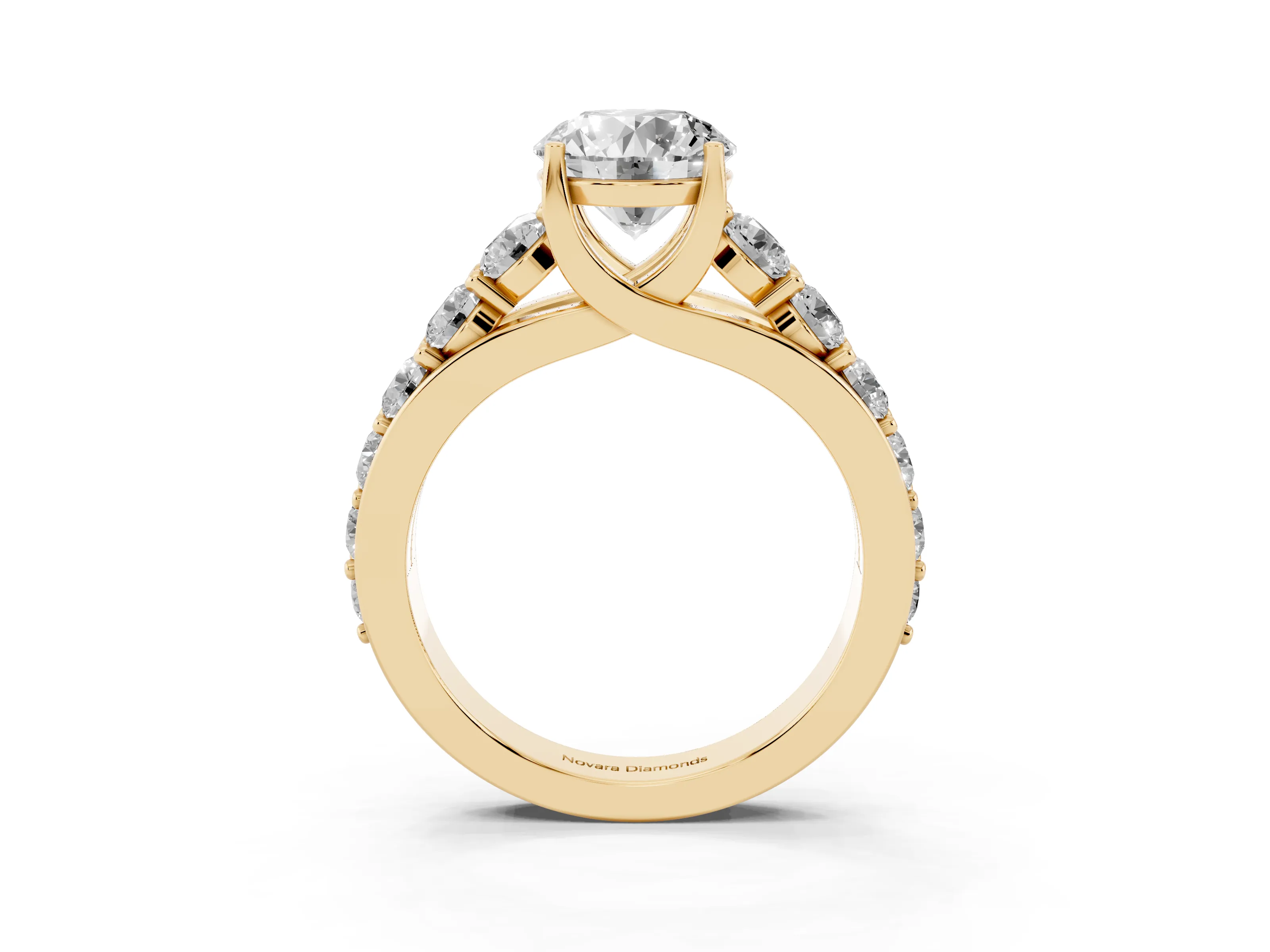 Round Cut Diamond Pavé Engagement Ring Set in Yellow gold with Prong Setting
