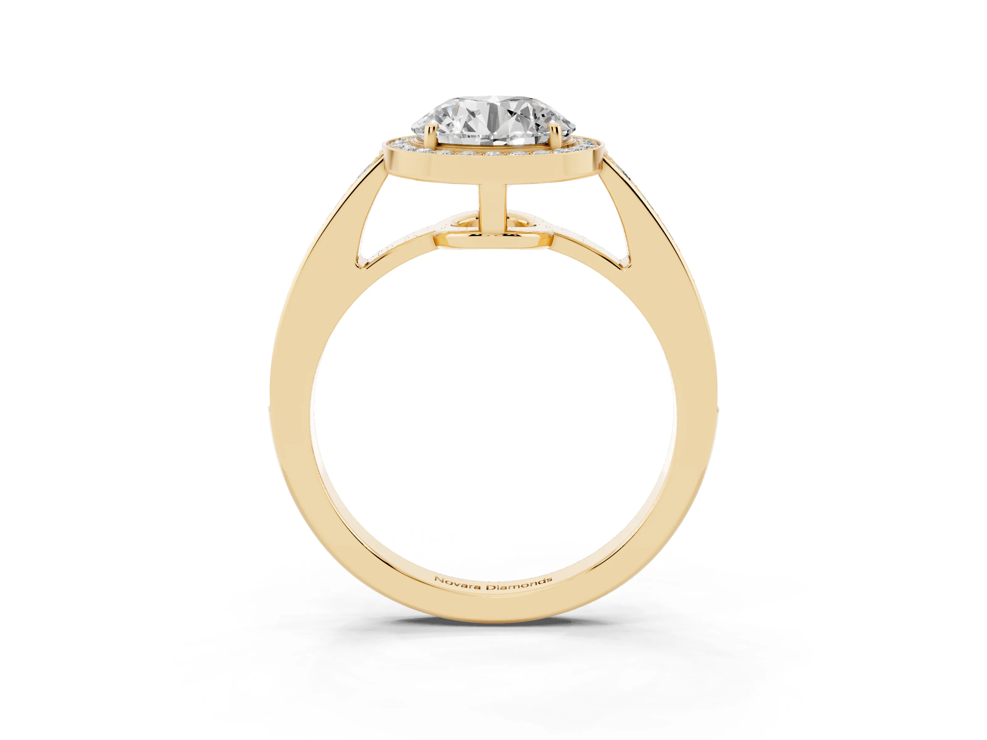 Round Cut Diamond Halo Pavé Engagement Ring Set in Yellow gold with Bezel Setting