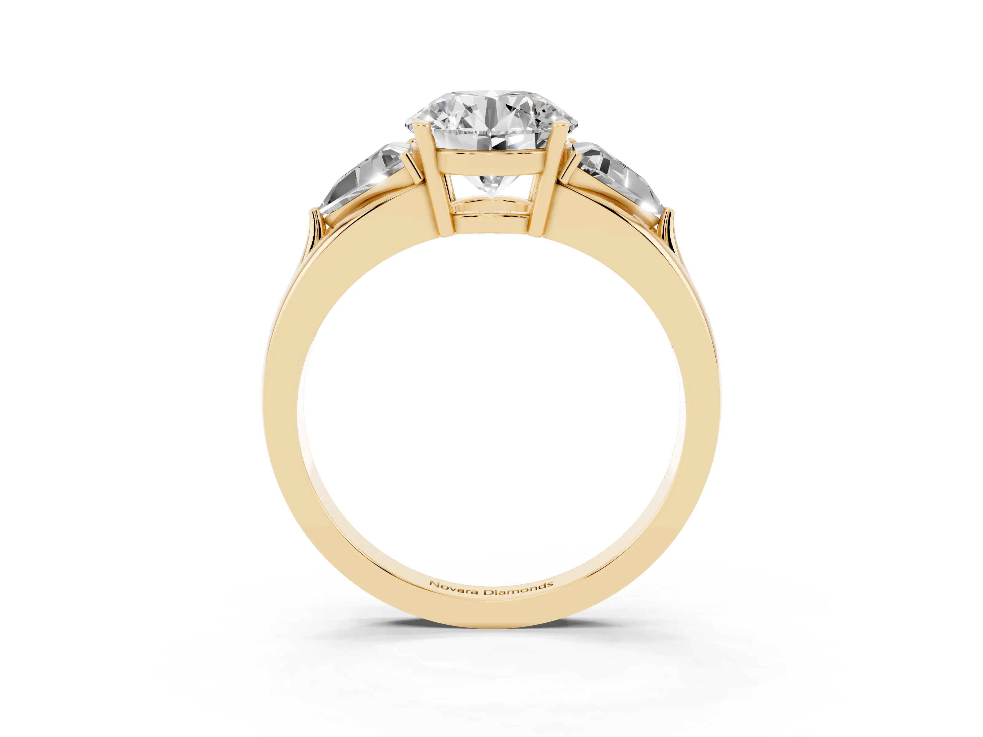 Round Cut Diamond Three-Stone Ring Set in Yellow gold with Trillion Side Stones and Split Shank