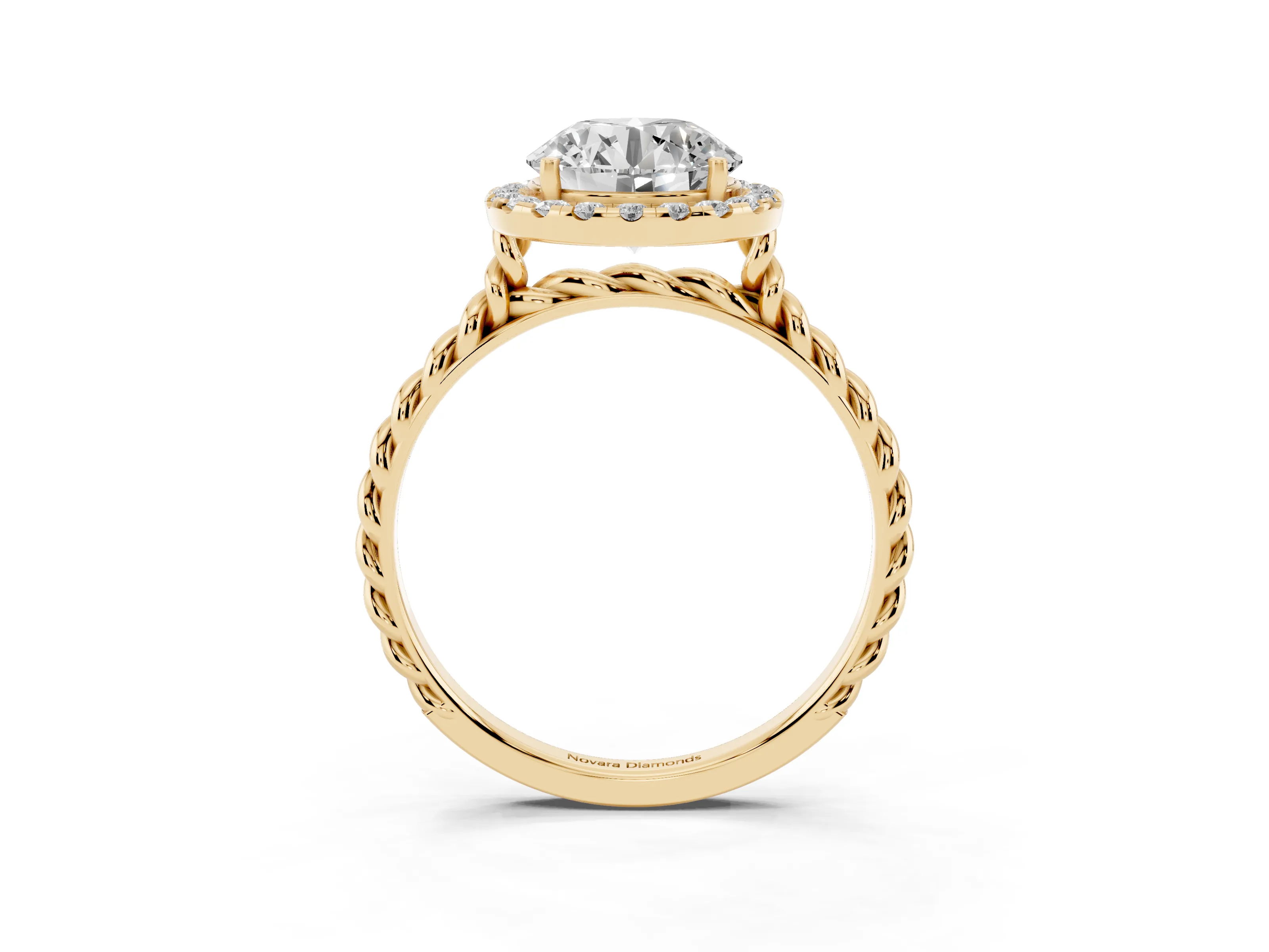 Round Cut Diamond Halo Ring Set in Yellow gold with Plain Twisted Band