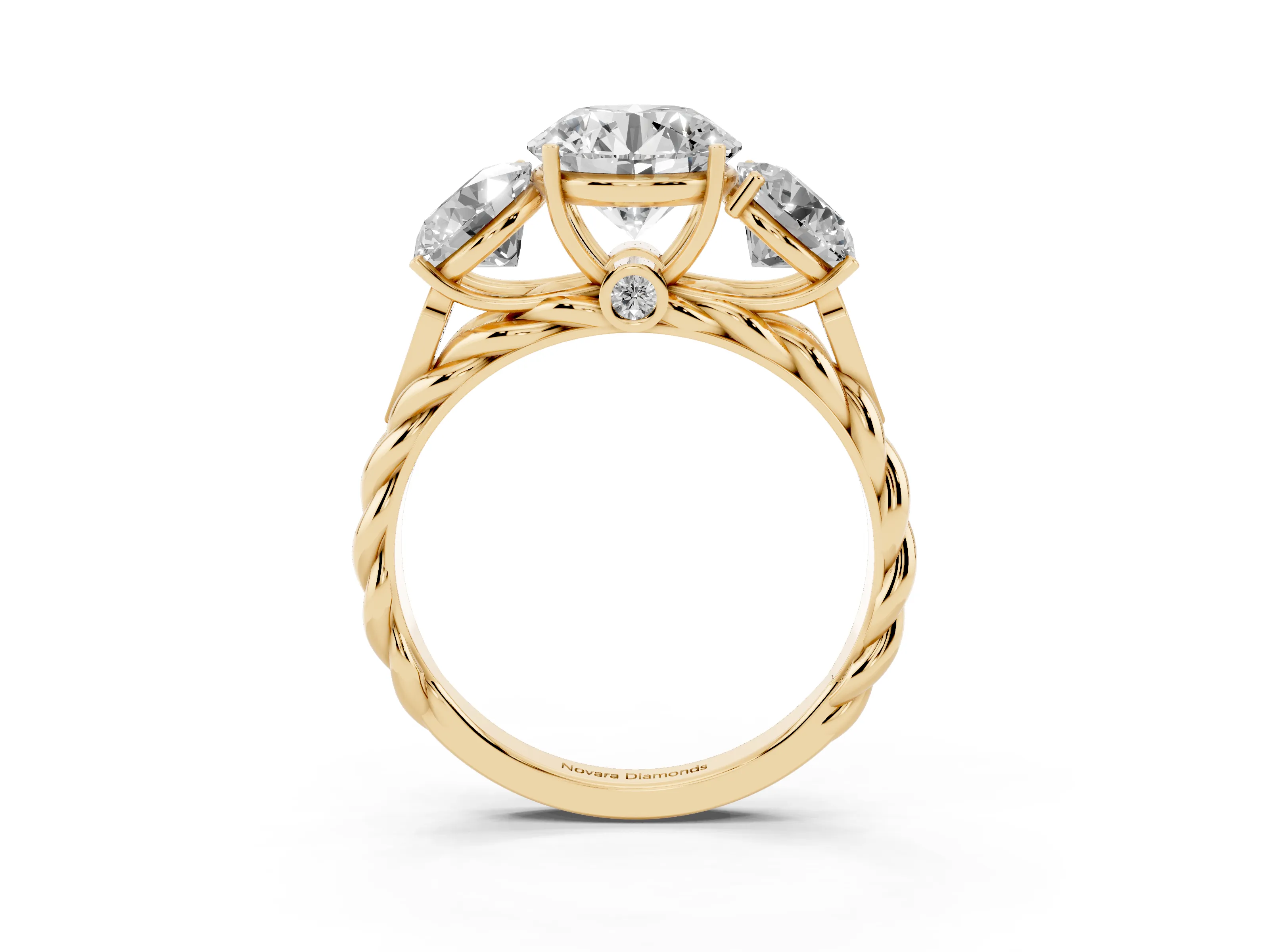 Round Cut Diamond Three-Stone Ring Set in Yellow gold with Braided Band