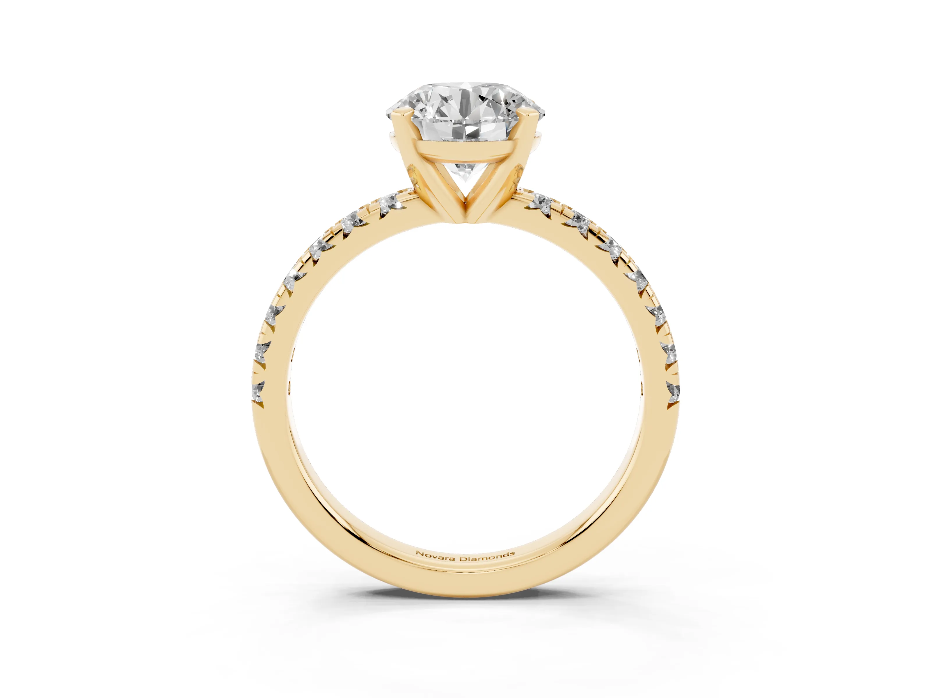 Round Cut Diamond Solitaire Pavé Engagement Ring Set in Yellow gold with Round Band and Prong Setting