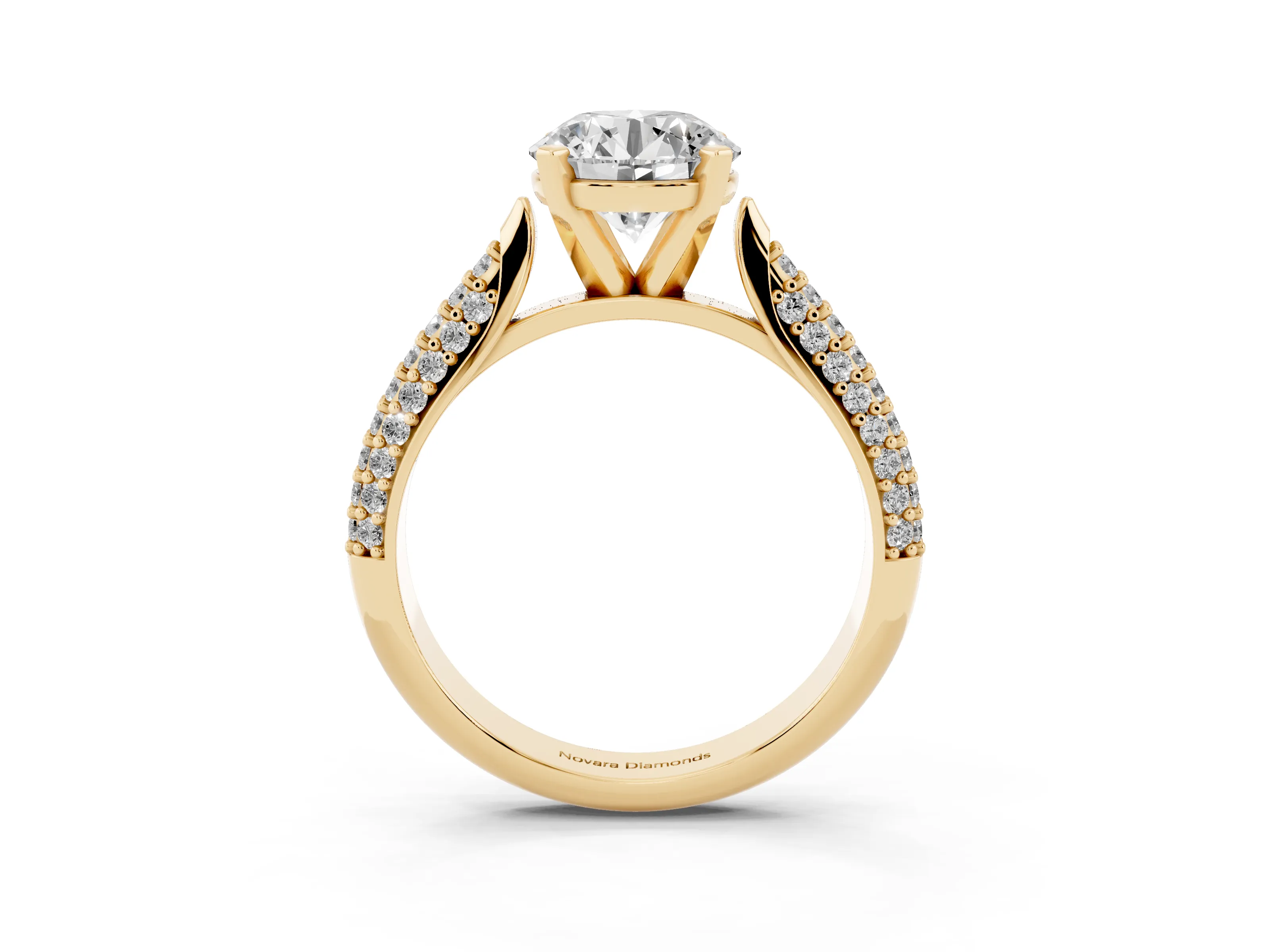 Round Cut Diamond Solitaire Engagement Ring Set in Yellow gold with Multi-Row Round Pavé Band and Prong Setting