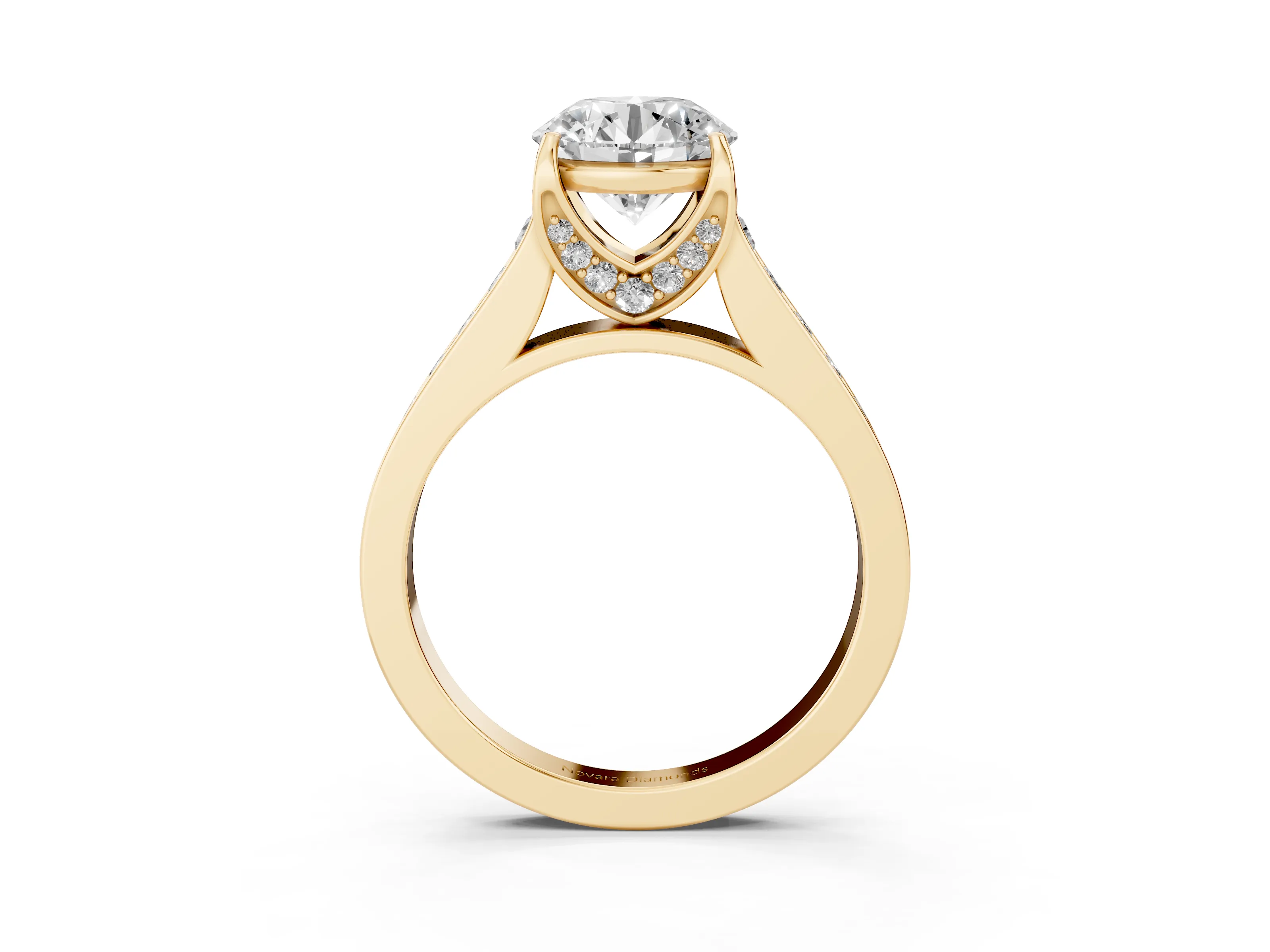 Round Cut Diamond Solitaire Pavé Engagement Ring Set in Yellow gold with Prong Setting