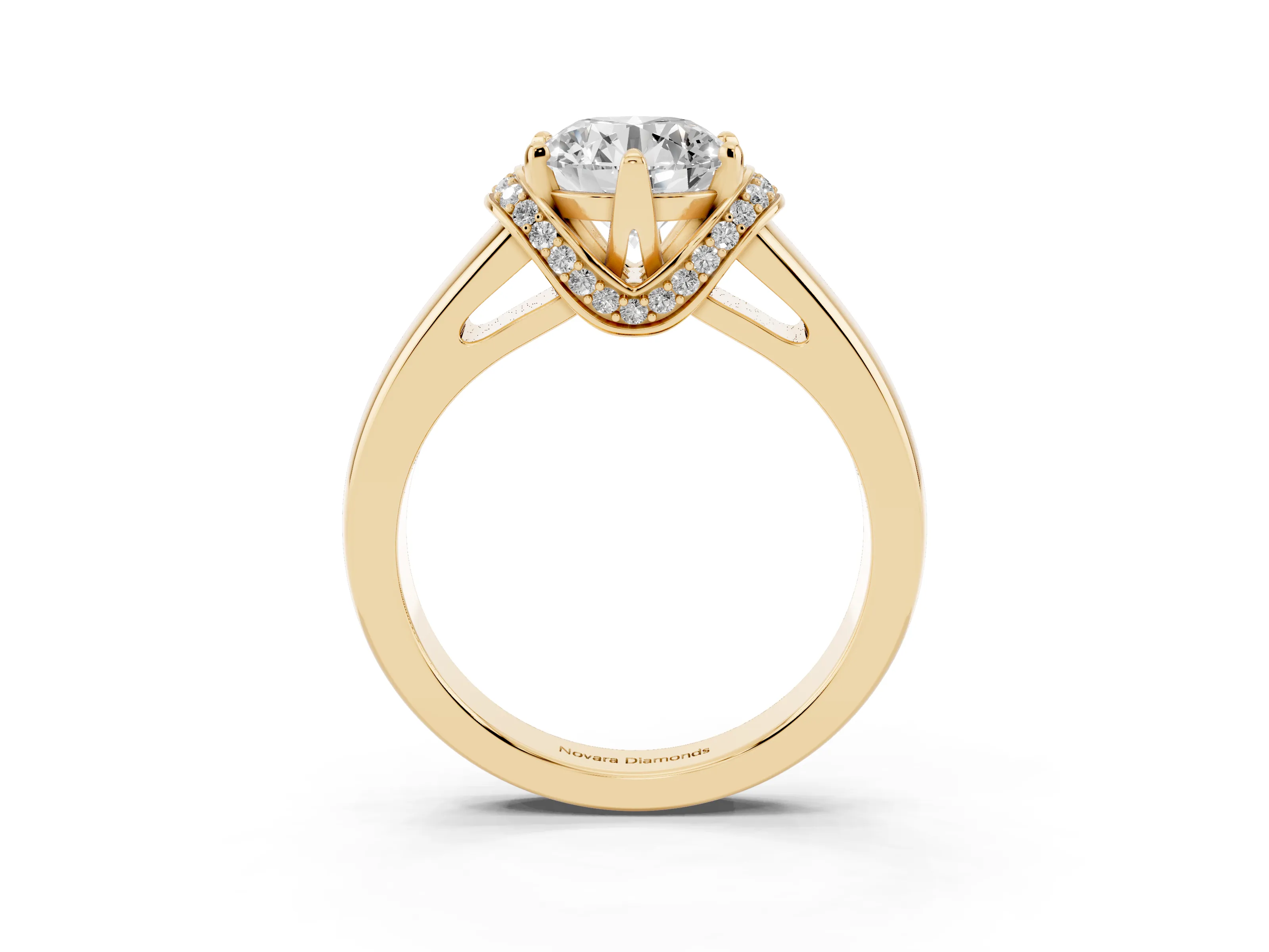 Round Cut Diamond Pavé Band Solitaire Ring Set in Yellow gold with Prong Setting