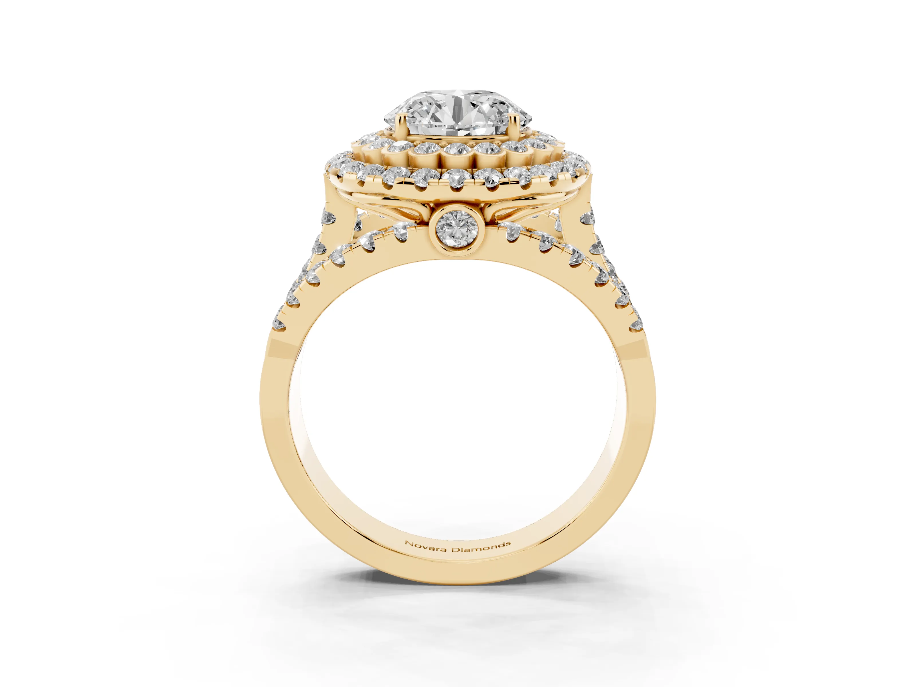 Round Cut Diamond Double Halo Ring Set in Yellow gold with Round Pavé Split Shank