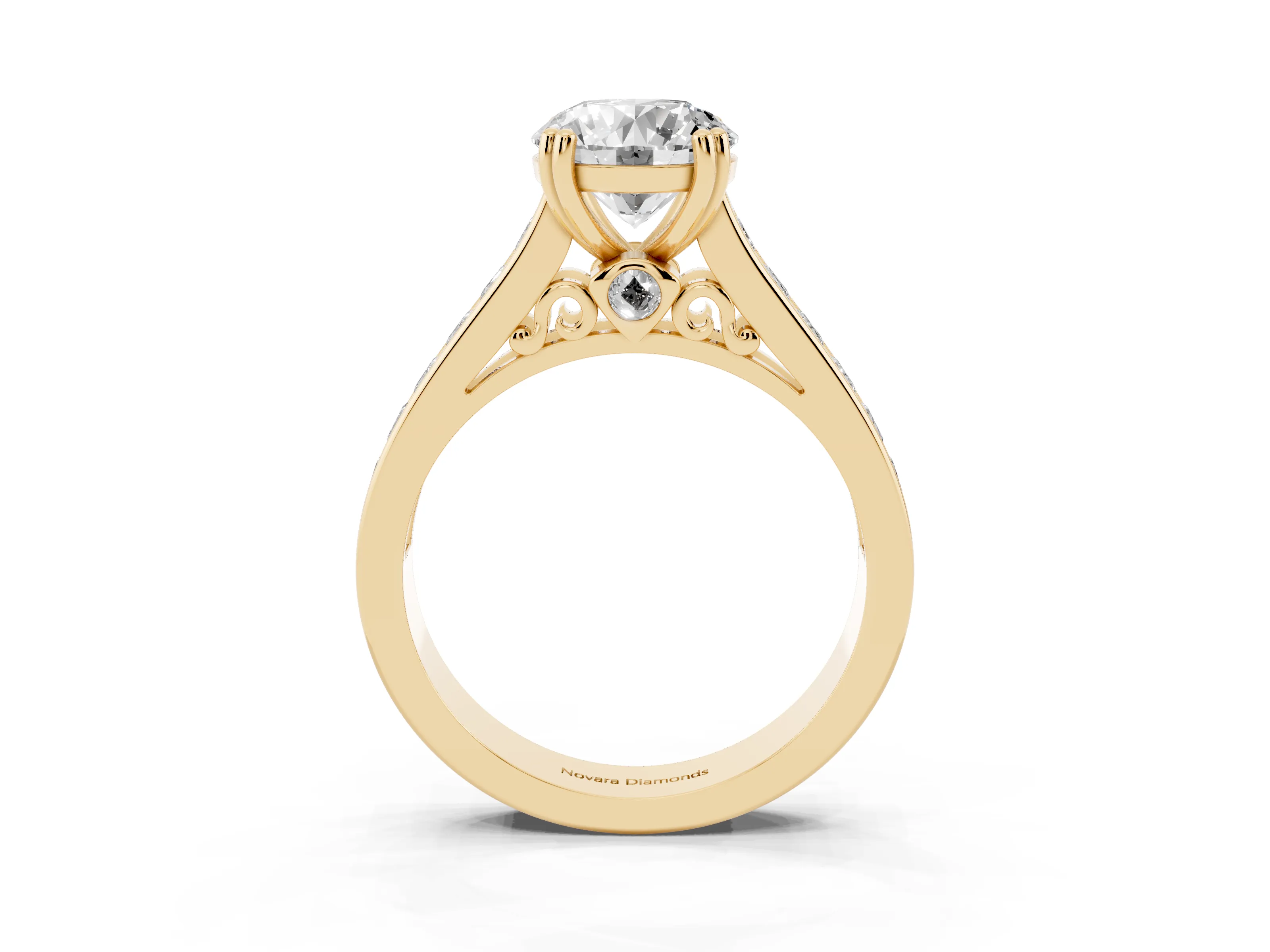 Round Cut Diamond Channel Set Solitaire Engagement Ring Set in Yellow gold with Prong Setting