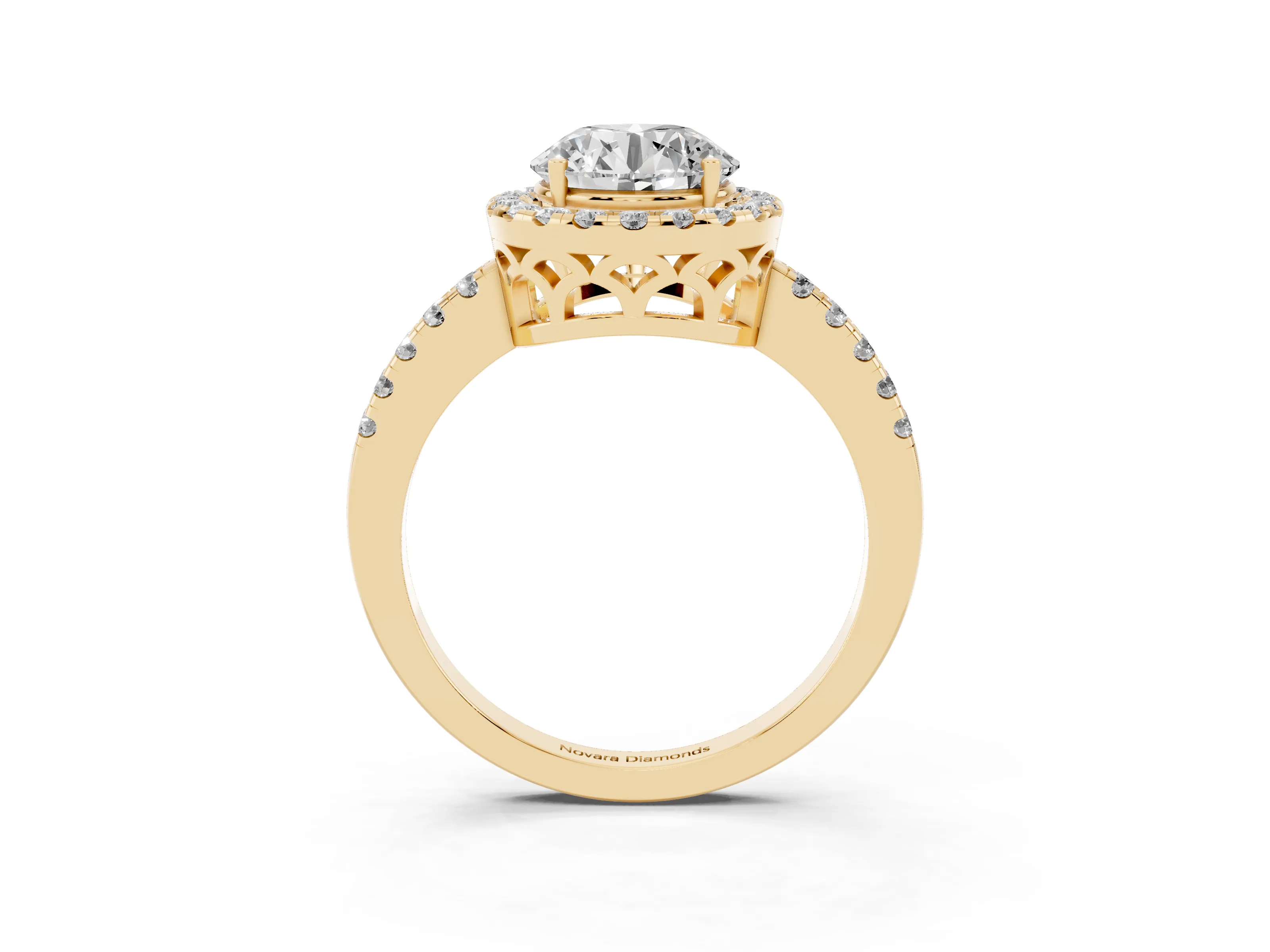 Round Cut Diamond Pavé Band Halo Engagement Ring Set in Yellow gold with Prong Setting