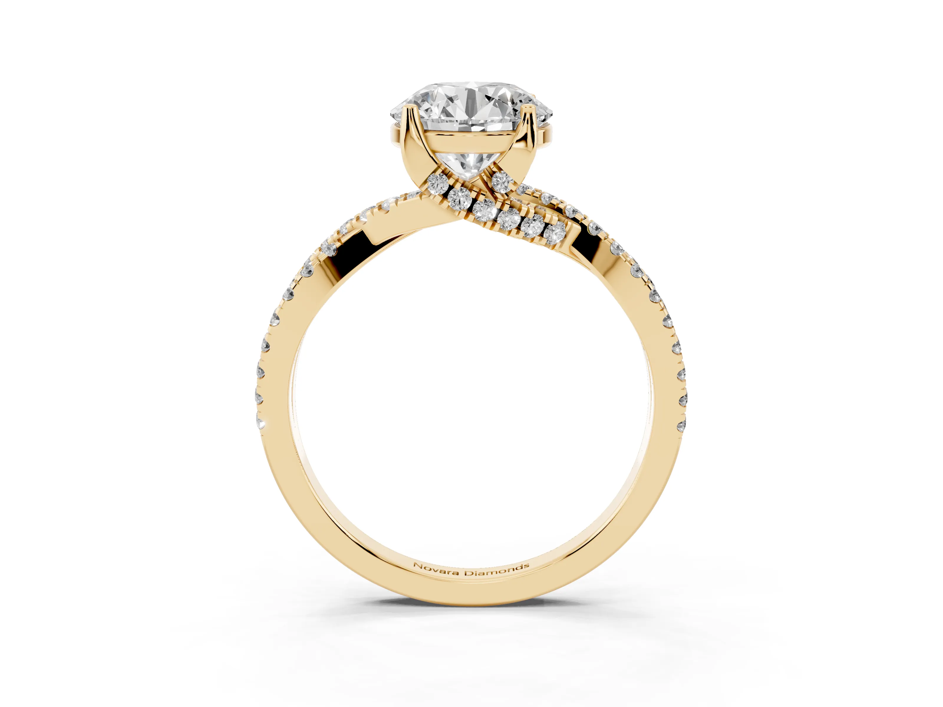 Round Cut Diamond Twist Pavé Solitaire Engagement Ring Set in Yellow gold with Prong Setting