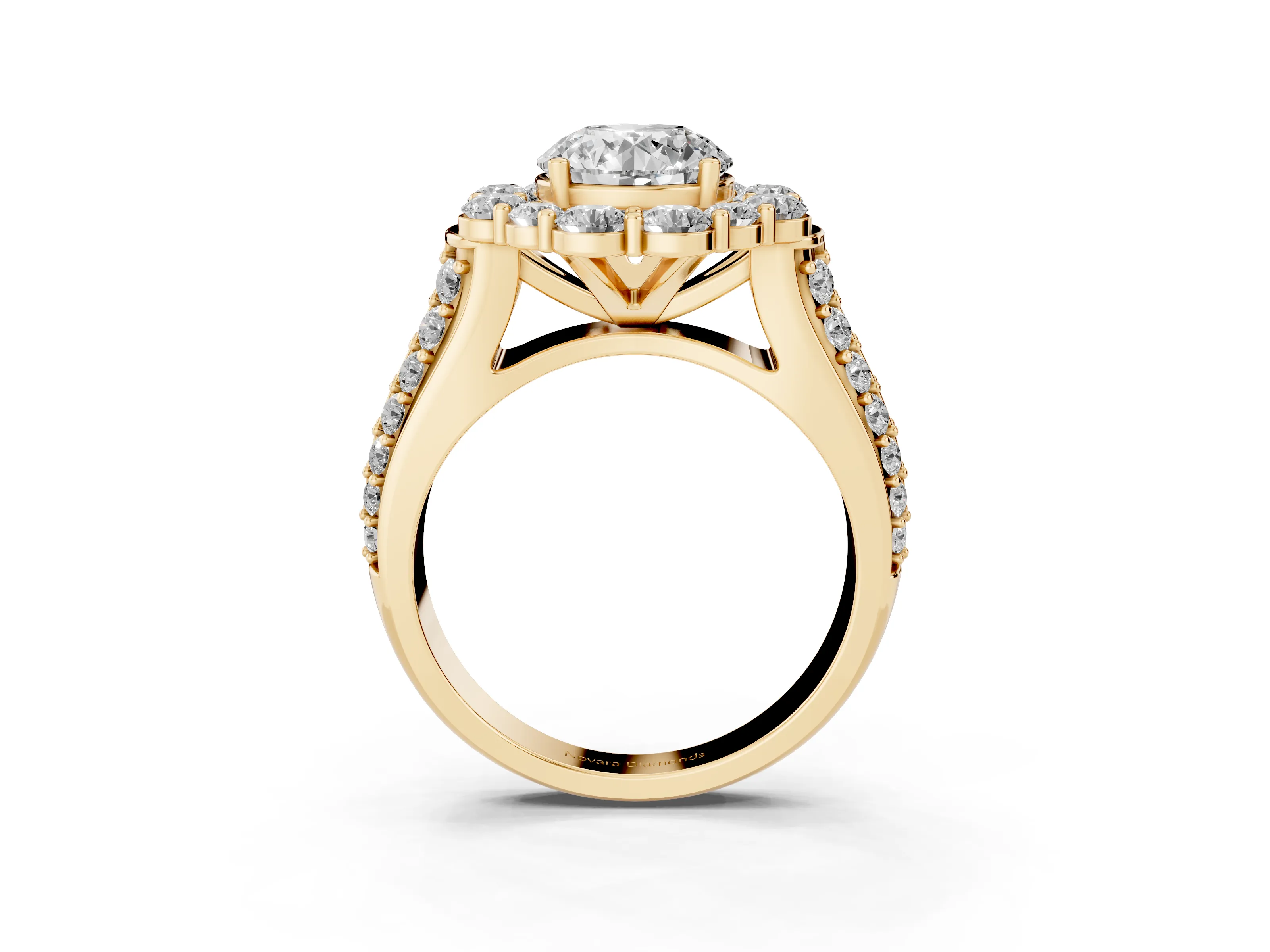 Round Cut Diamond Halo Engagement Ring Set in Yellow gold with Split Shank and Prong Setting