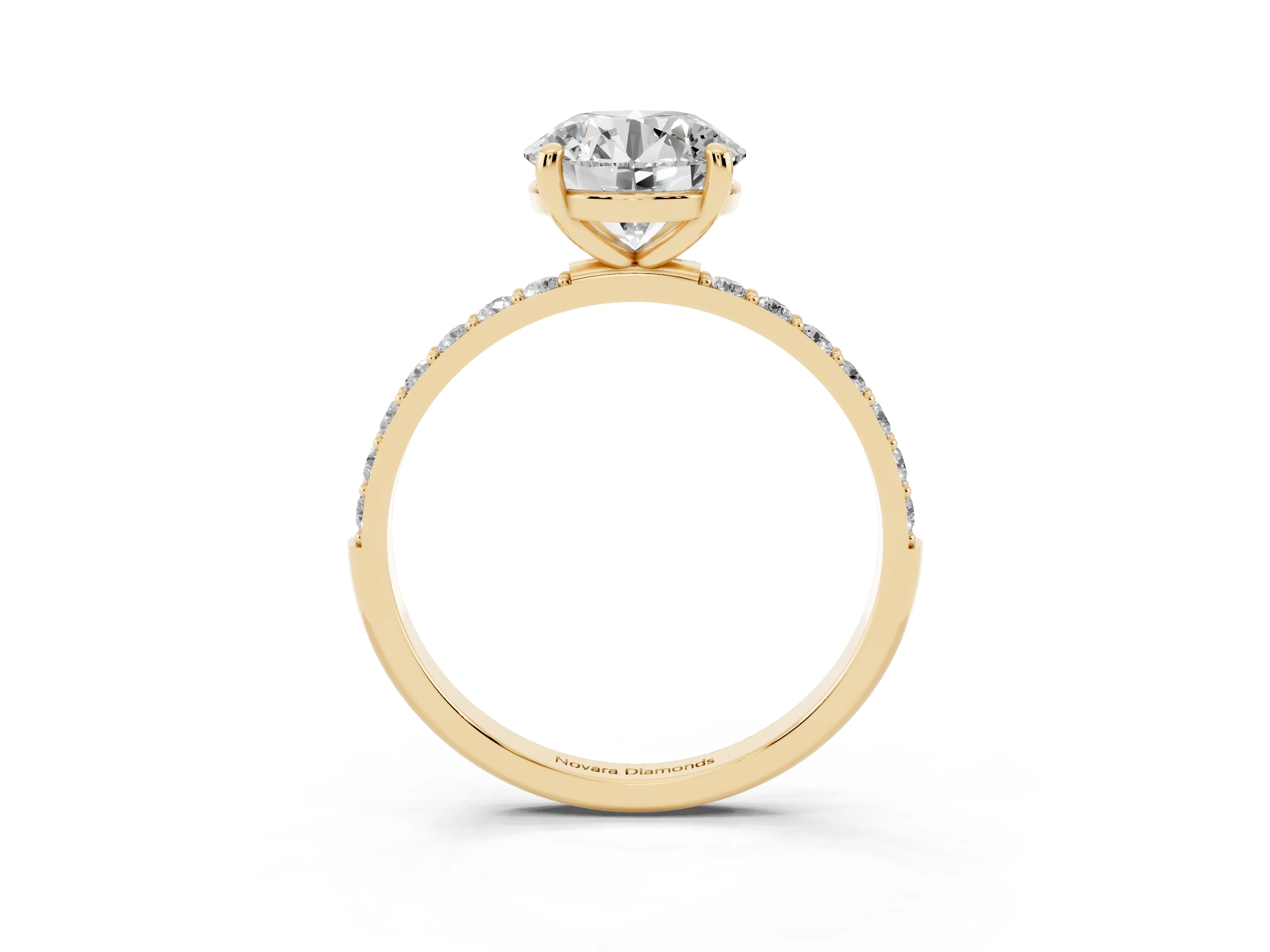 Round Cut Diamond Solitaire Ring Set in Yellow gold with Round Pavé Band and Prong Setting