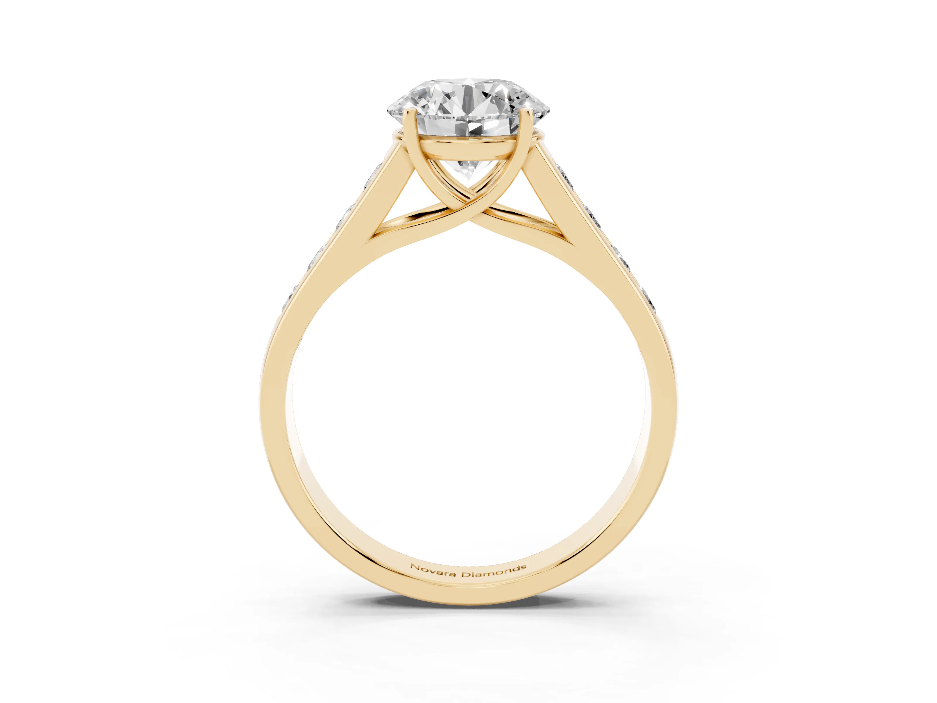 Round Cut Diamond Solitaire Channel-Set Engagement Ring Set in Yellow gold with Prong Setting