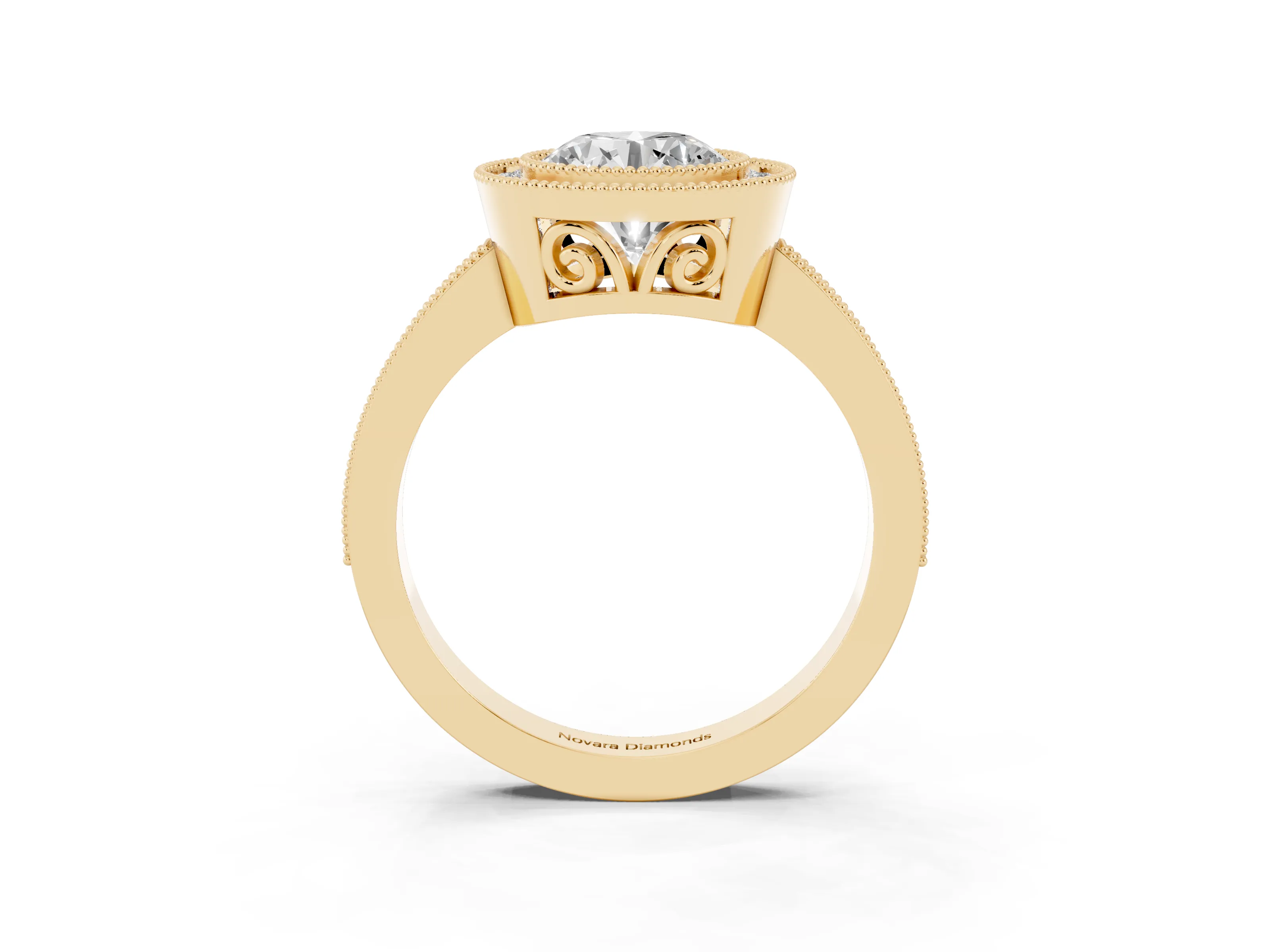 Round Cut Diamond Halo Ring Set in Yellow gold with Pavé Band and Milgrain-Edged Prongs