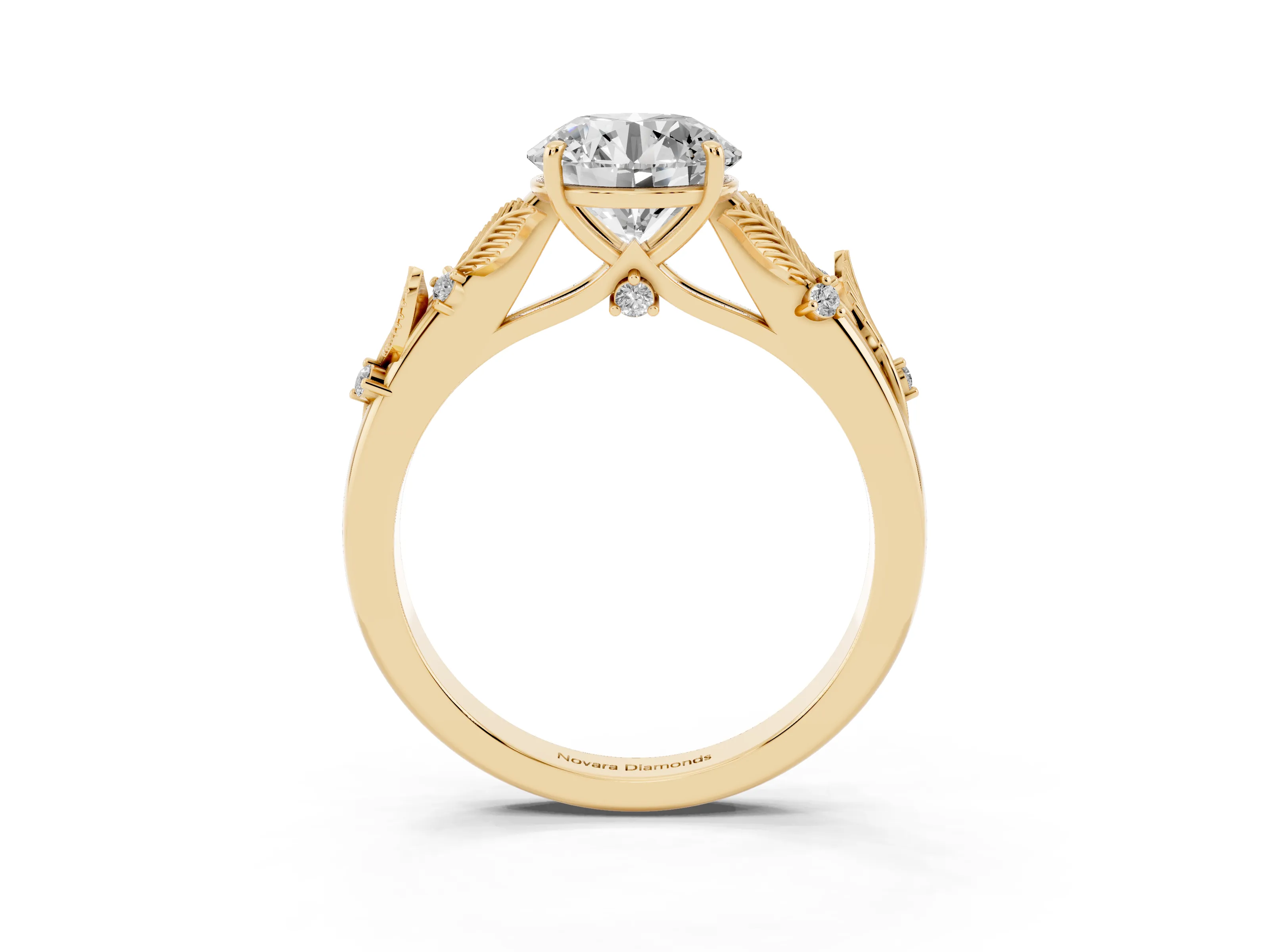 Round Cut Diamond Solitaire Ring Set in Yellow gold with Leaf Motif Band