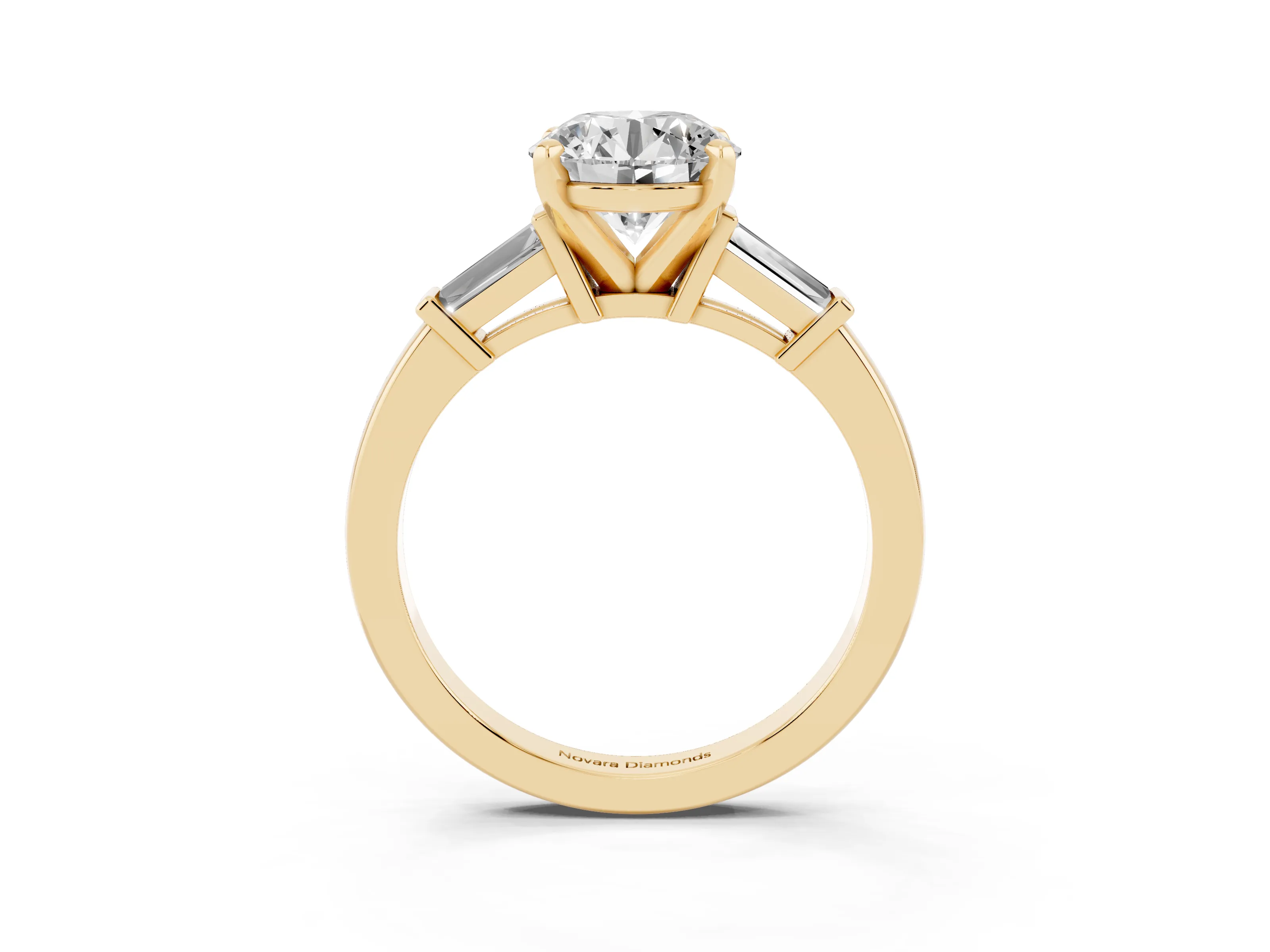 Round Cut Diamond Solitaire Ring Set in Yellow gold with Tapered Baguette Accents and Prong Setting