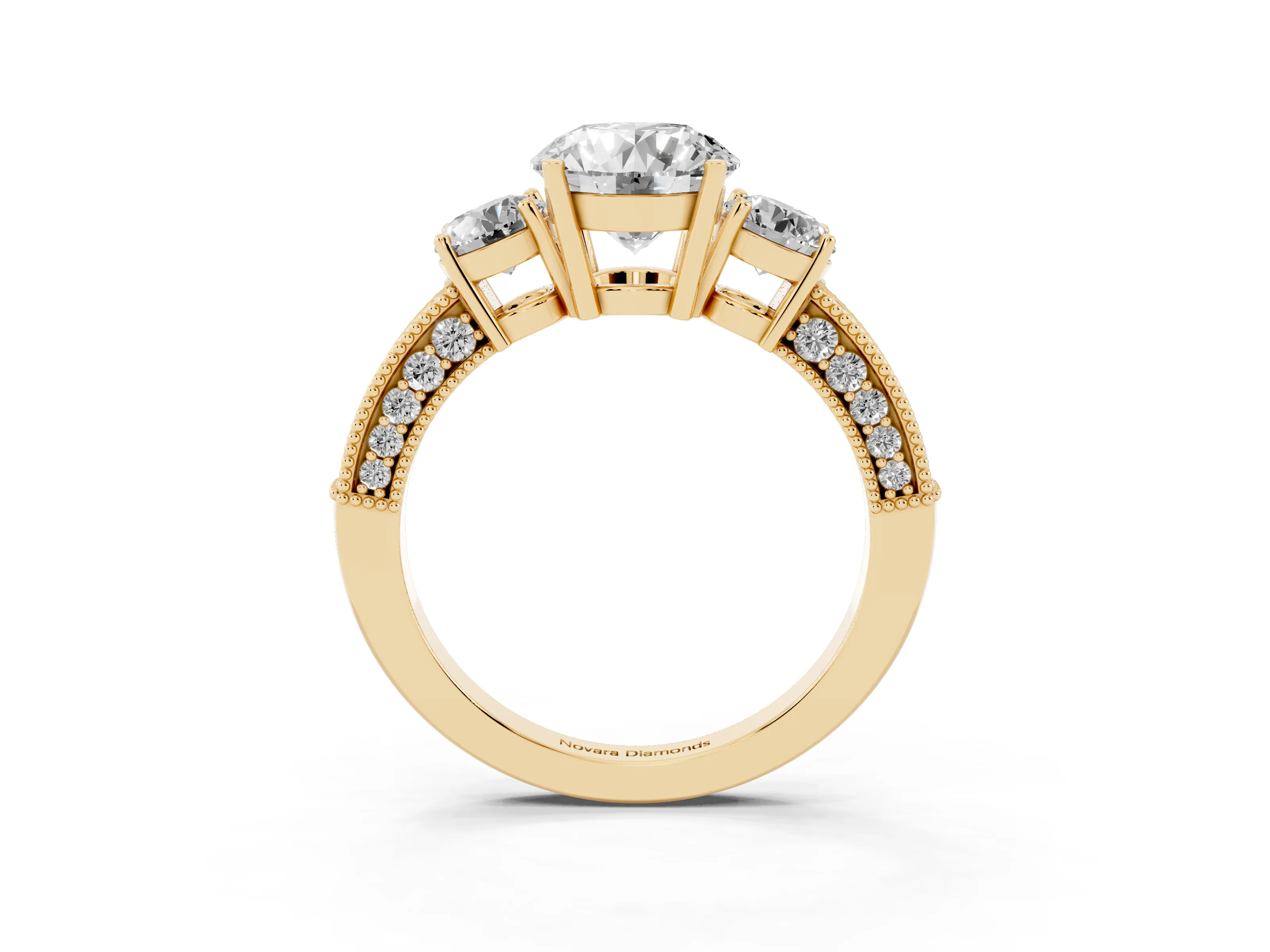 Round Cut Diamond Three-Stone Ring Set in Yellow gold with Round Side Stones and Pavé Band