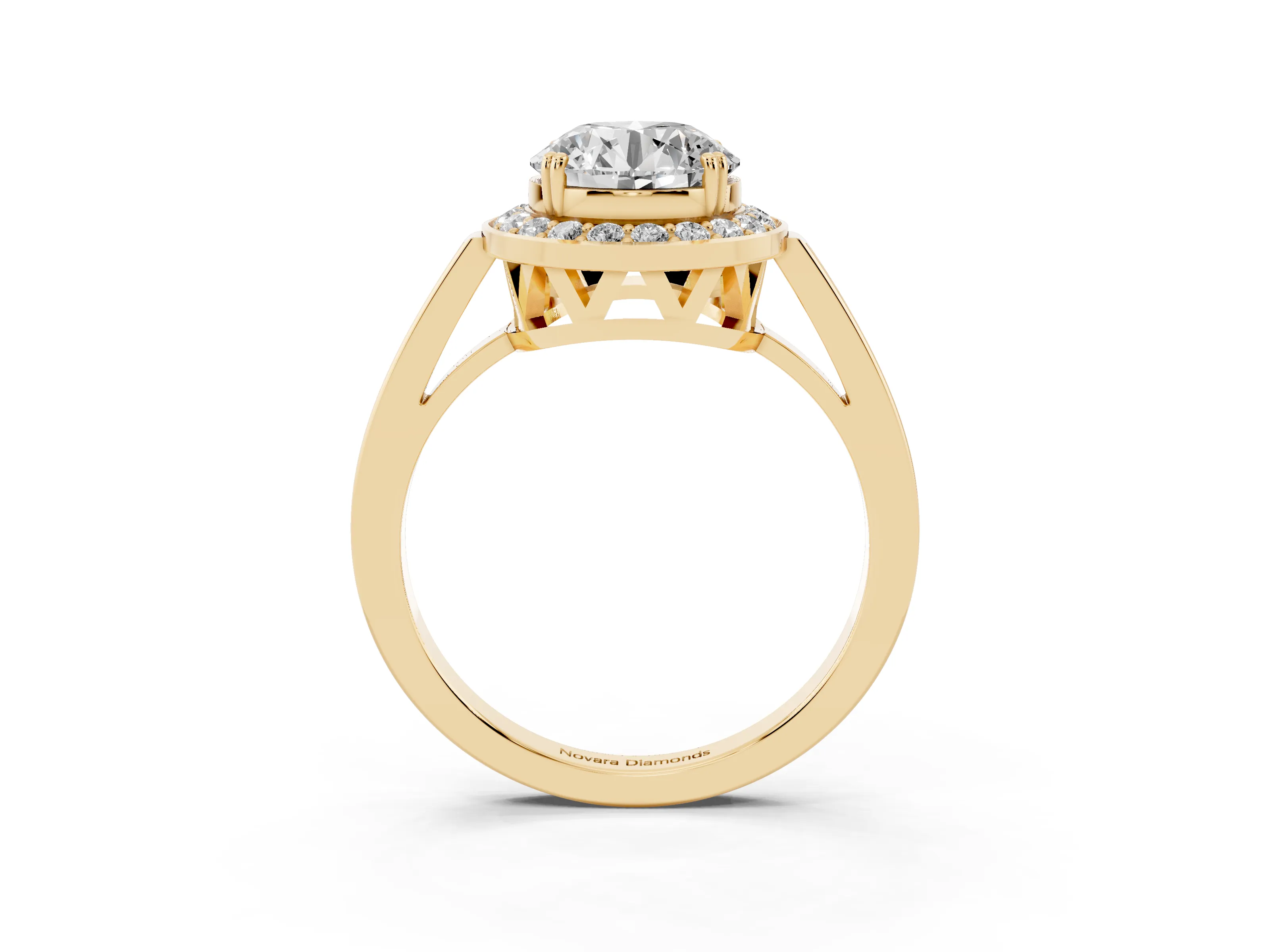 Round Cut Diamond Halo Ring Set in Yellow gold with Accent-Lined Split Shank and Prong Setting
