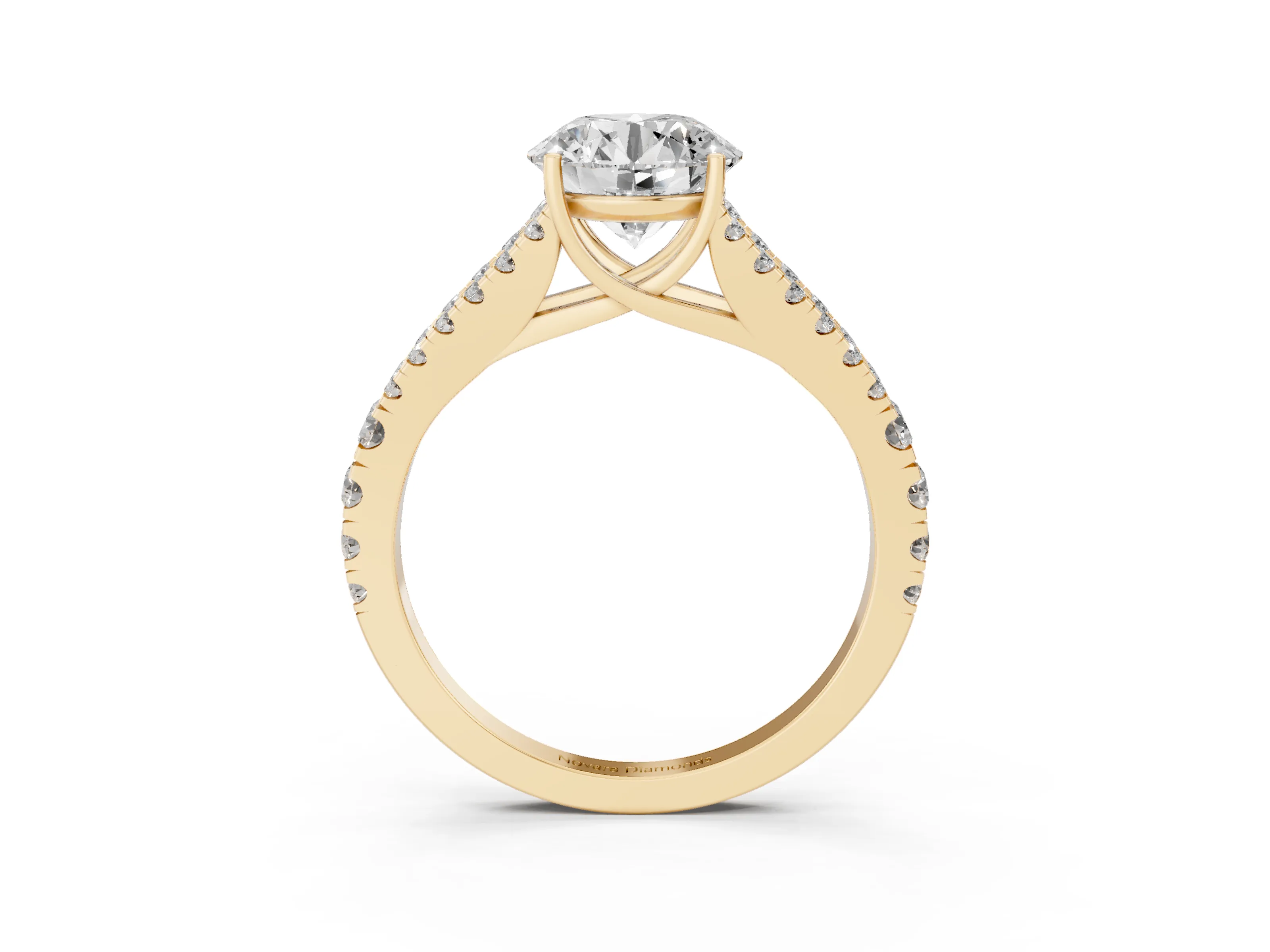 Round Cut Diamond Split Shank Pavé Engagement Ring Set in Yellow gold with Prong-Held Center Stone