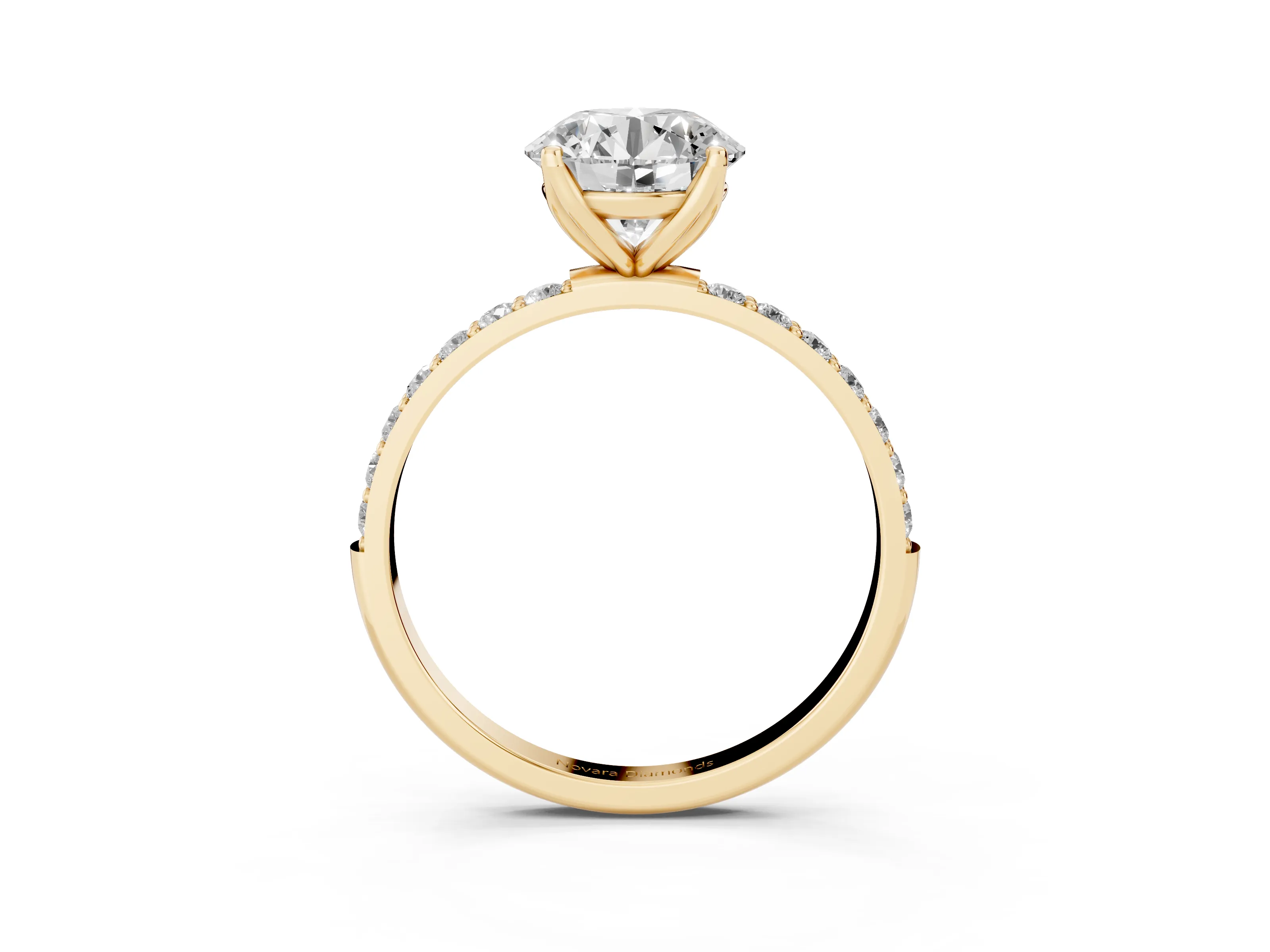 Round Cut Diamond Solitaire Engagement Ring Set in Yellow gold with Round Pavé Band and Prong Setting
