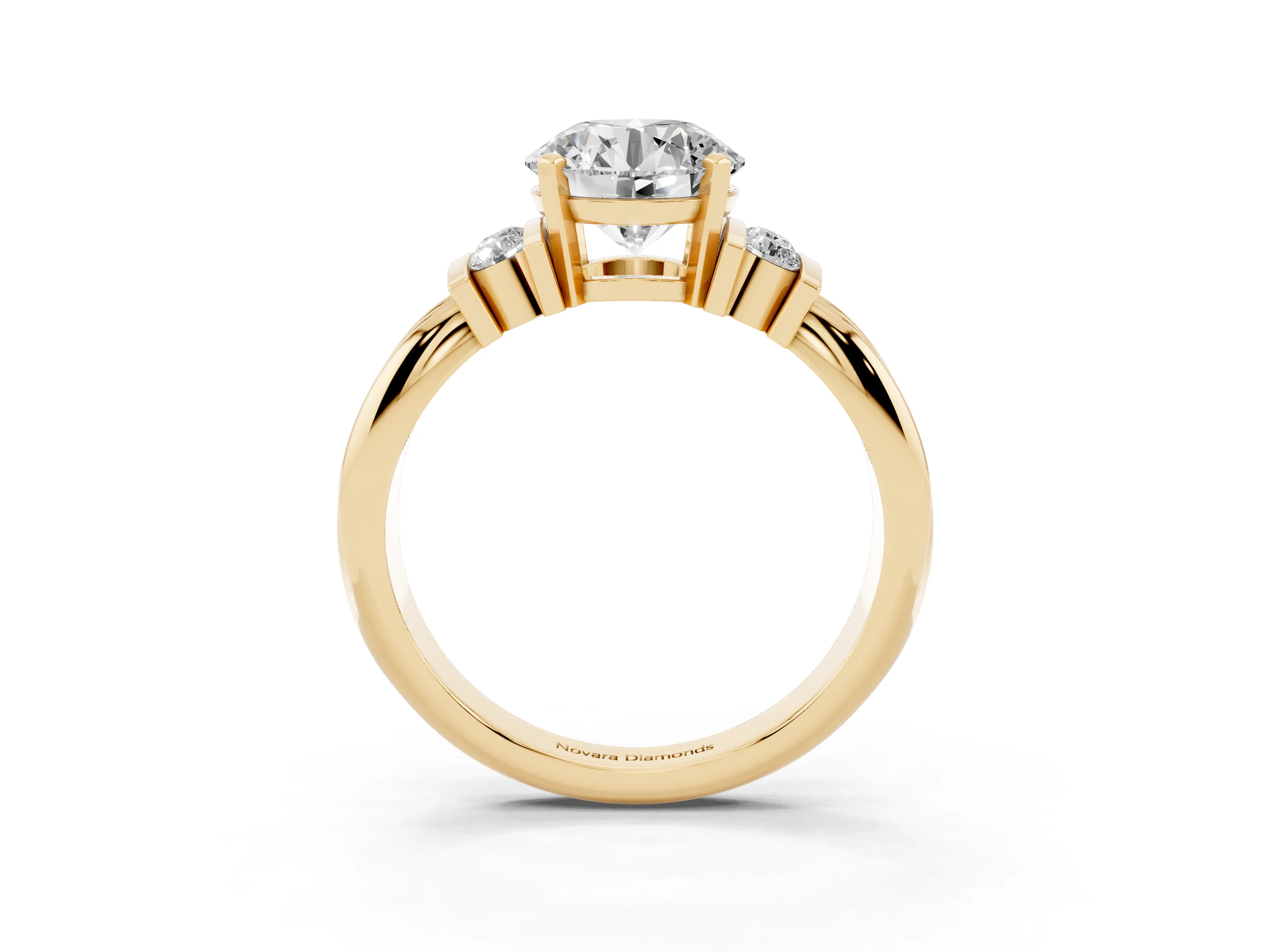 Three-Stone Round Cut Diamond Channel Set Ring Set in Yellow gold with Bar Prongs