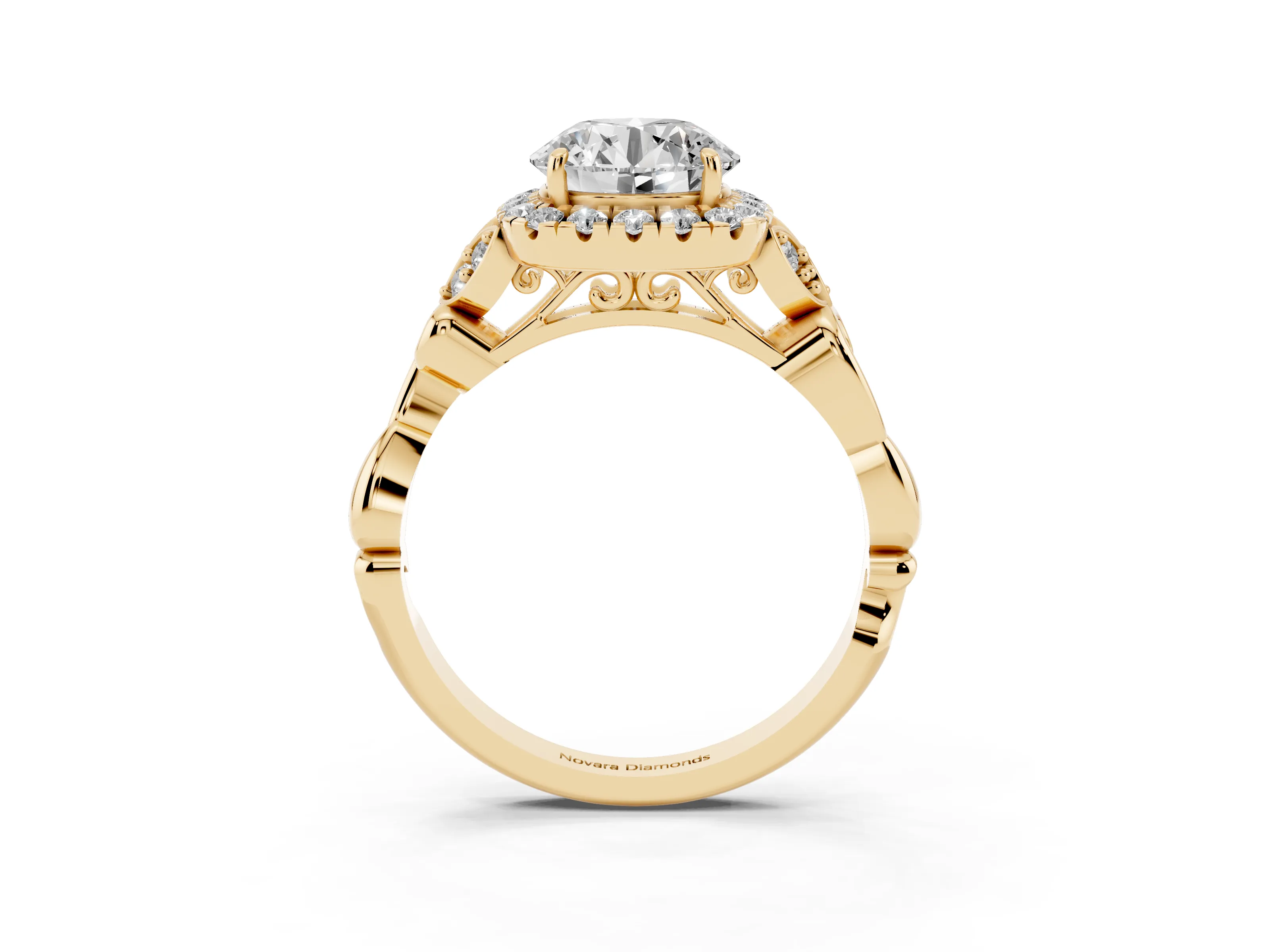 Round Cut Diamond Halo Engagement Ring Set in Yellow gold with Vintage-Inspired Band and Prong Setting