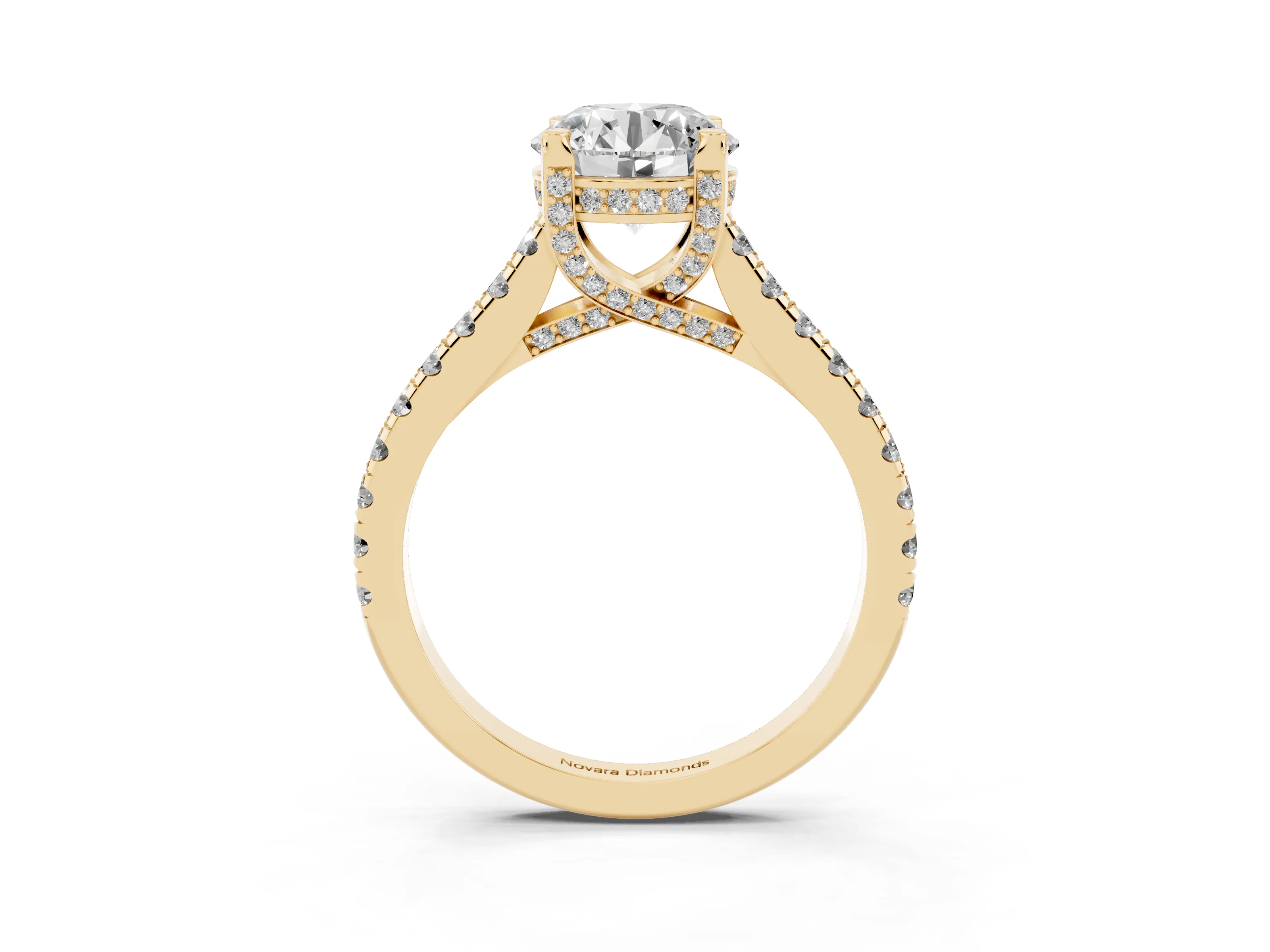 Round Cut Diamond Solitaire Ring Set in Yellow gold with Brilliant Pavé Band and Prong Setting