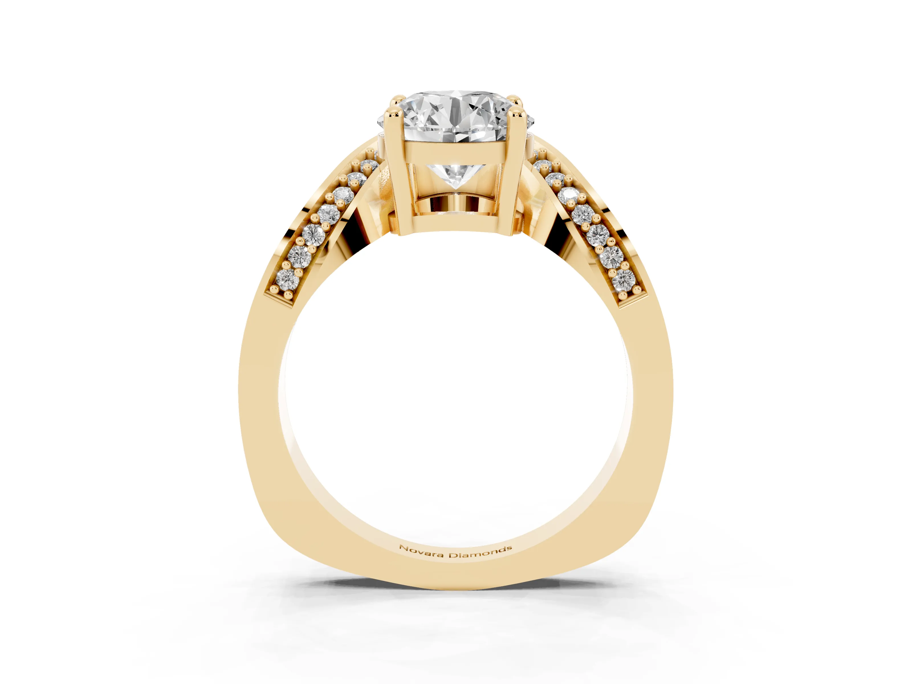 Round Cut Diamond Solitaire Engagement Ring Set in Yellow gold with Pavé Shoulders