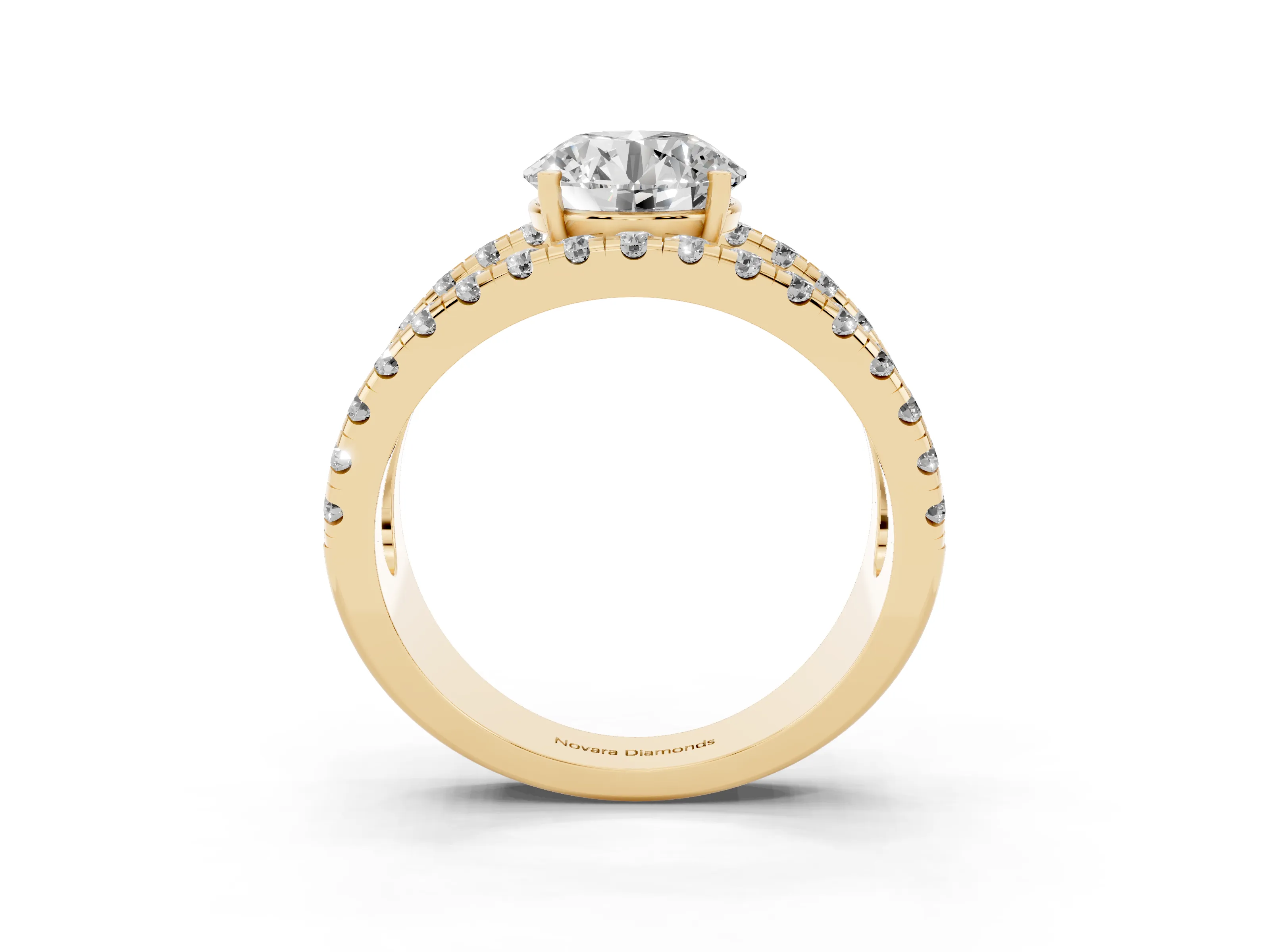 Round Cut Diamond Split Shank Pavé Solitaire Ring Set in Yellow gold with Open Shank Design