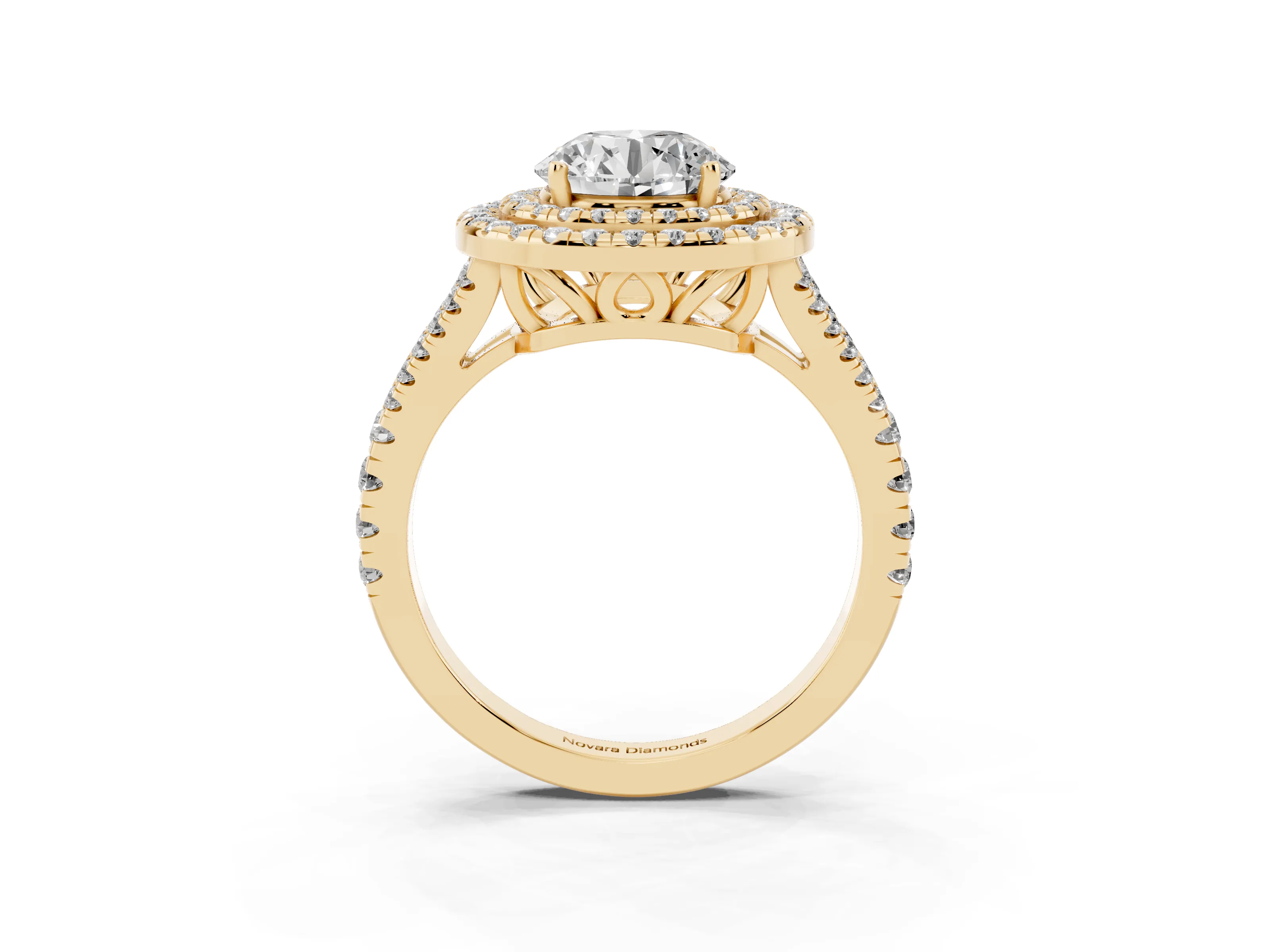 Round Cut Diamond Double Halo Ring Set in Yellow gold with Pavé Band