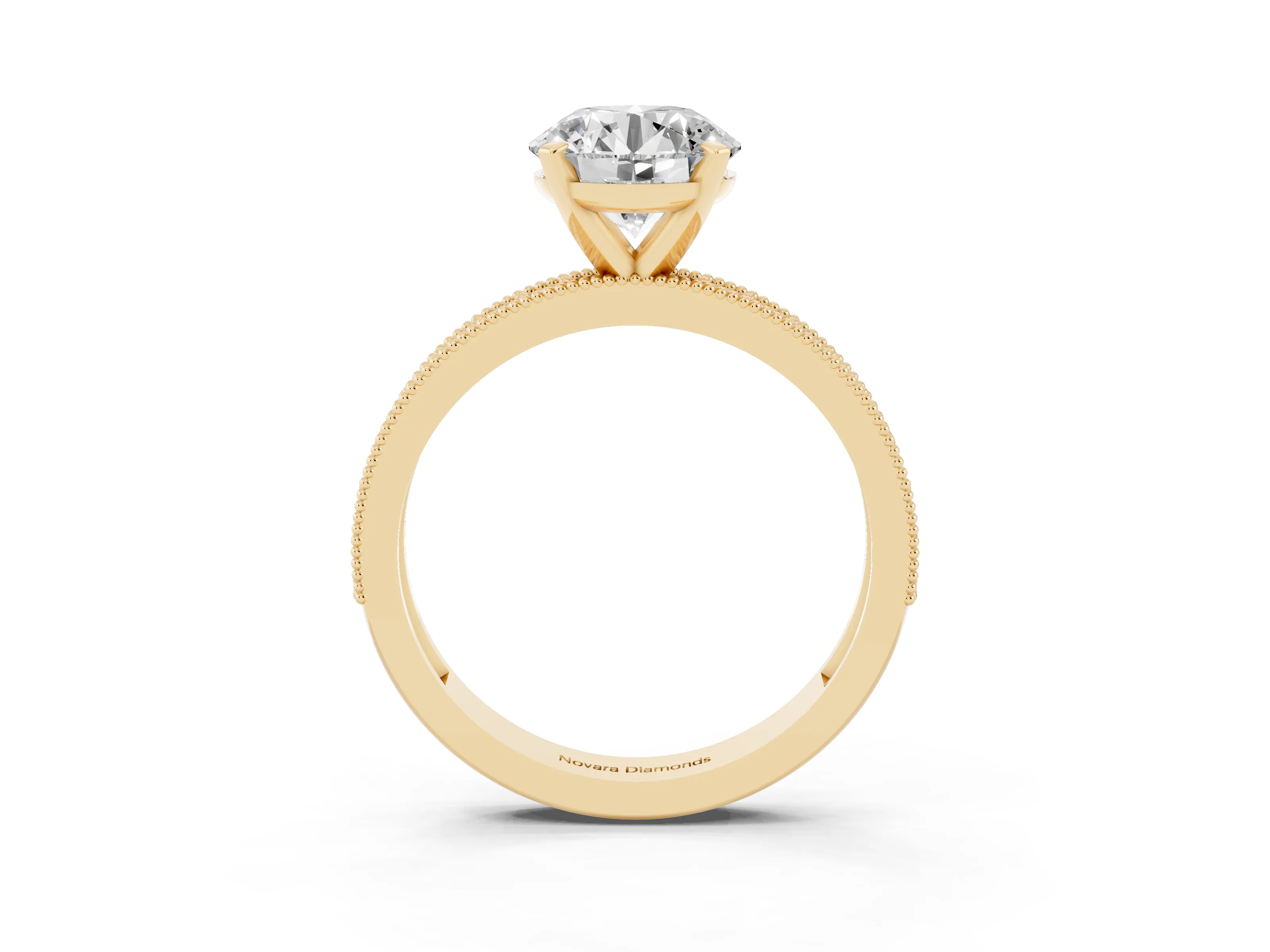 Round Cut Diamond Milgrain Pavé Engagement Ring Set in Yellow gold with Prong Setting