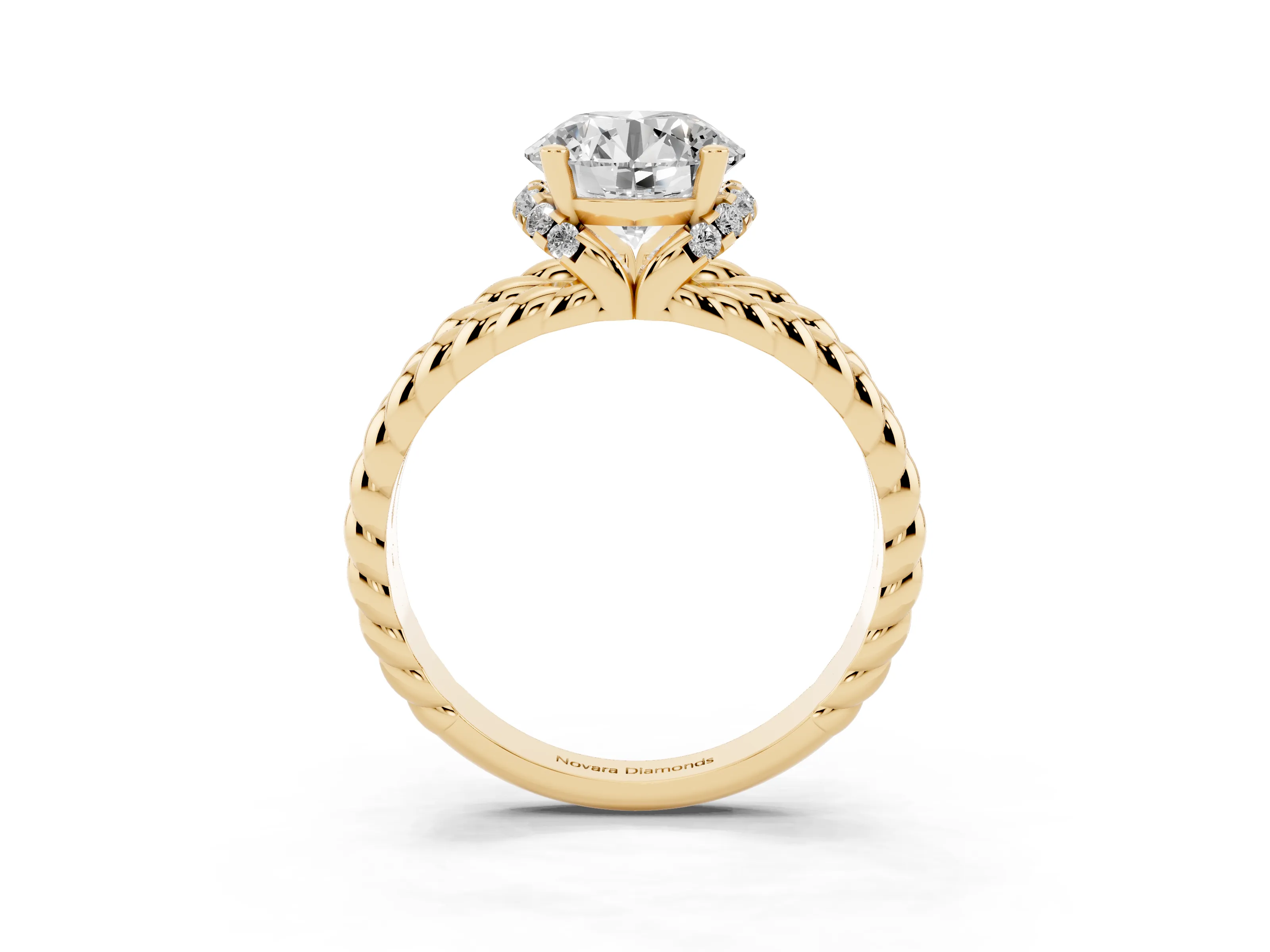 Round Cut Diamond Halo Ring Set in Yellow gold with Twisted Band and Prong Setting
