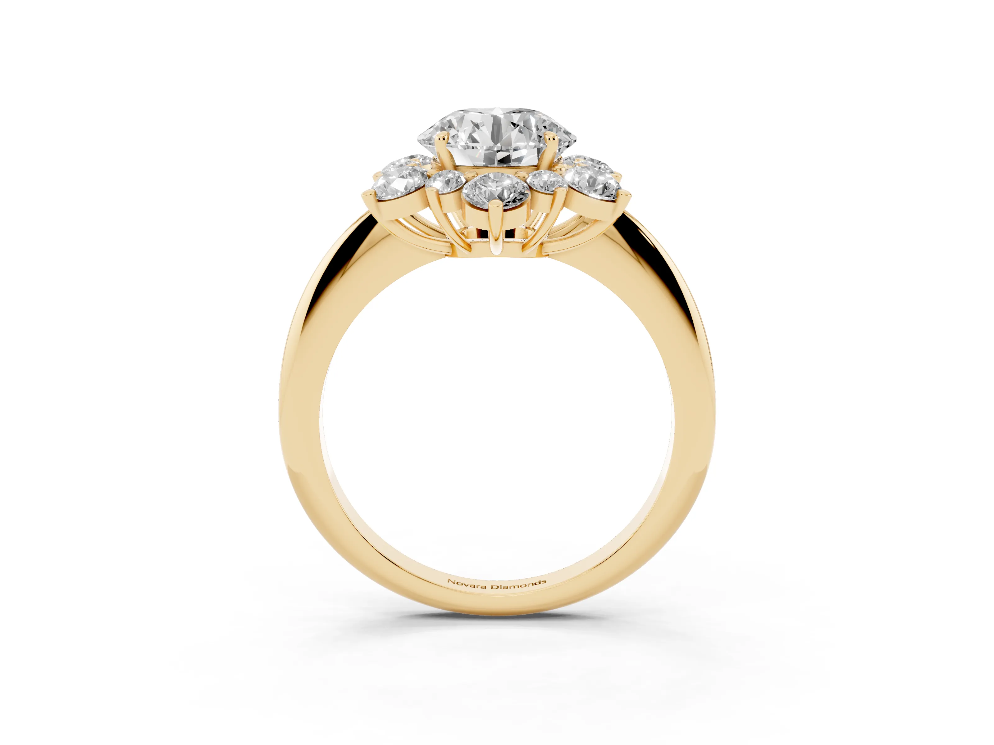 Round Cut Diamond Cluster Halo Ring Set in Yellow gold with Solitaire Band and Prong Setting