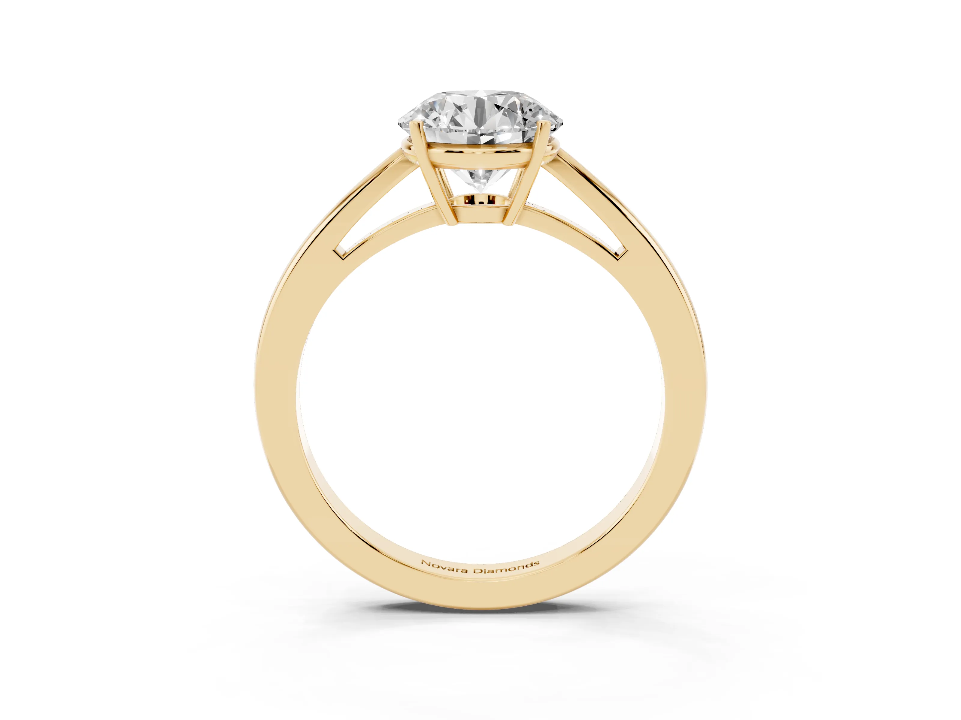 Round Cut Diamond Solitaire Ring Set in Yellow gold with Split Shank and Prong Setting
