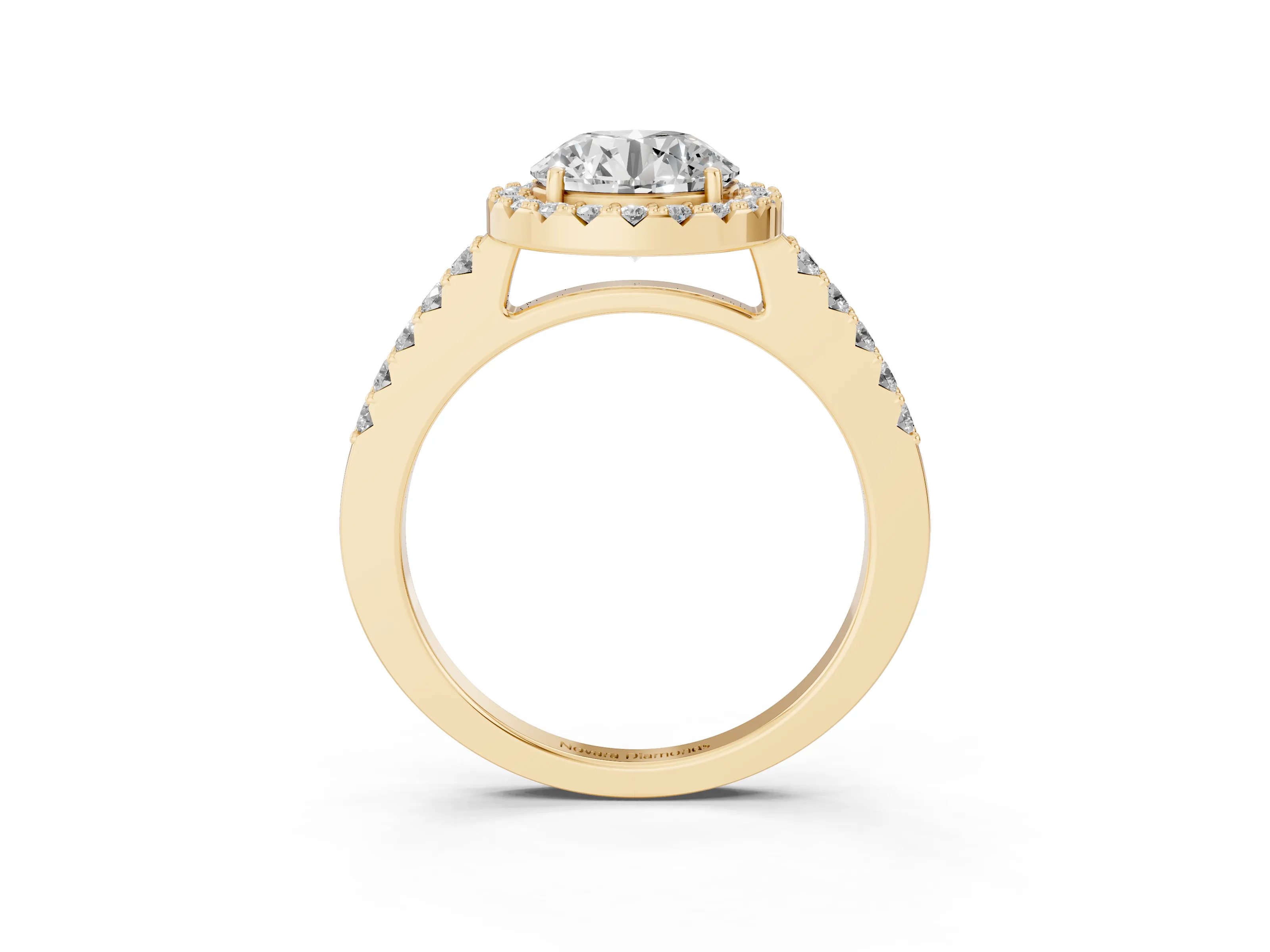 Round Cut Diamond Halo Pavé Solitaire Ring Set in Yellow gold with Prong-Set Center Stone