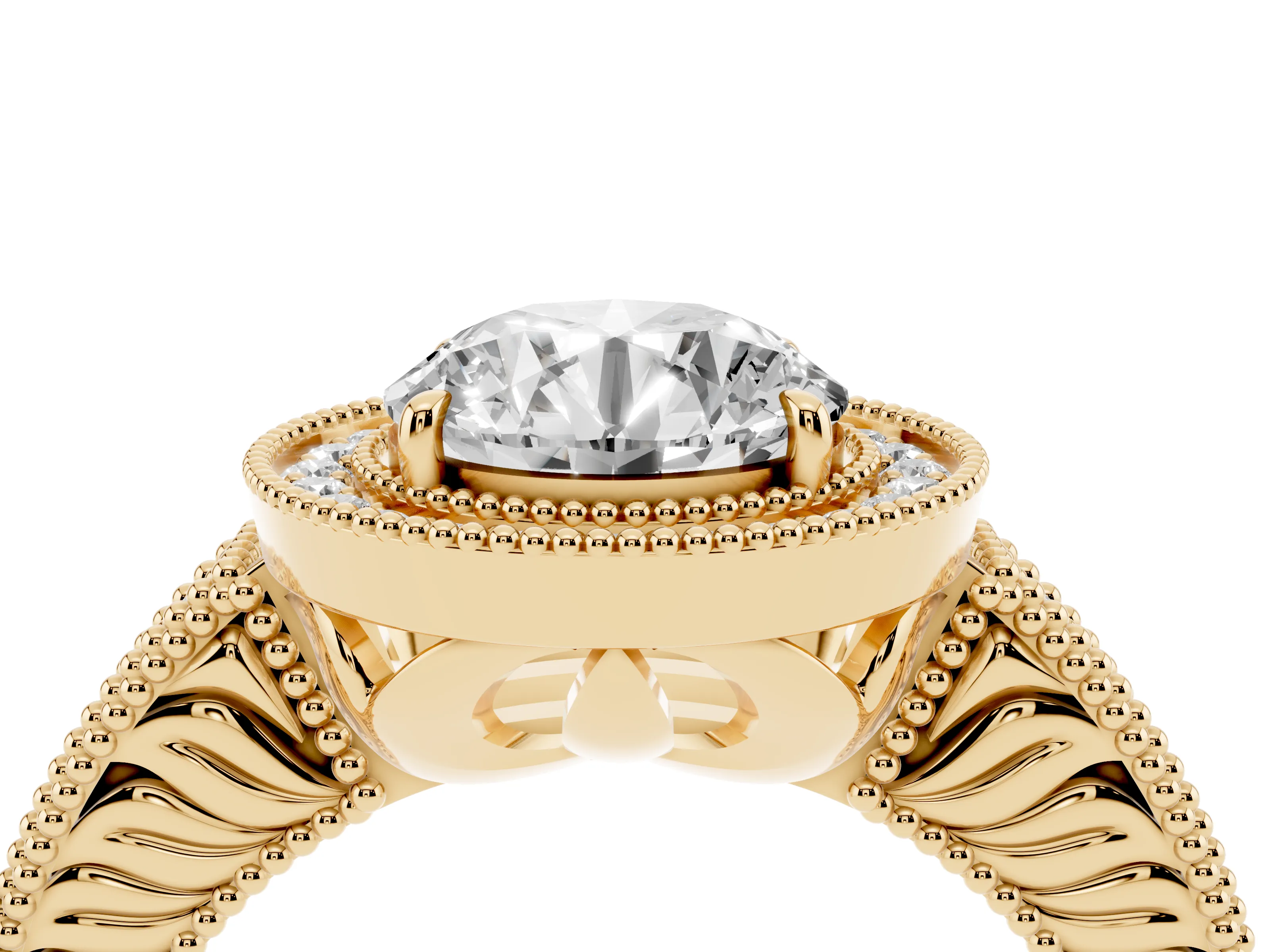 Round Cut Diamond Halo Ring Set in Yellow gold with Round Accent Halo, Pavé Band and Prong Setting