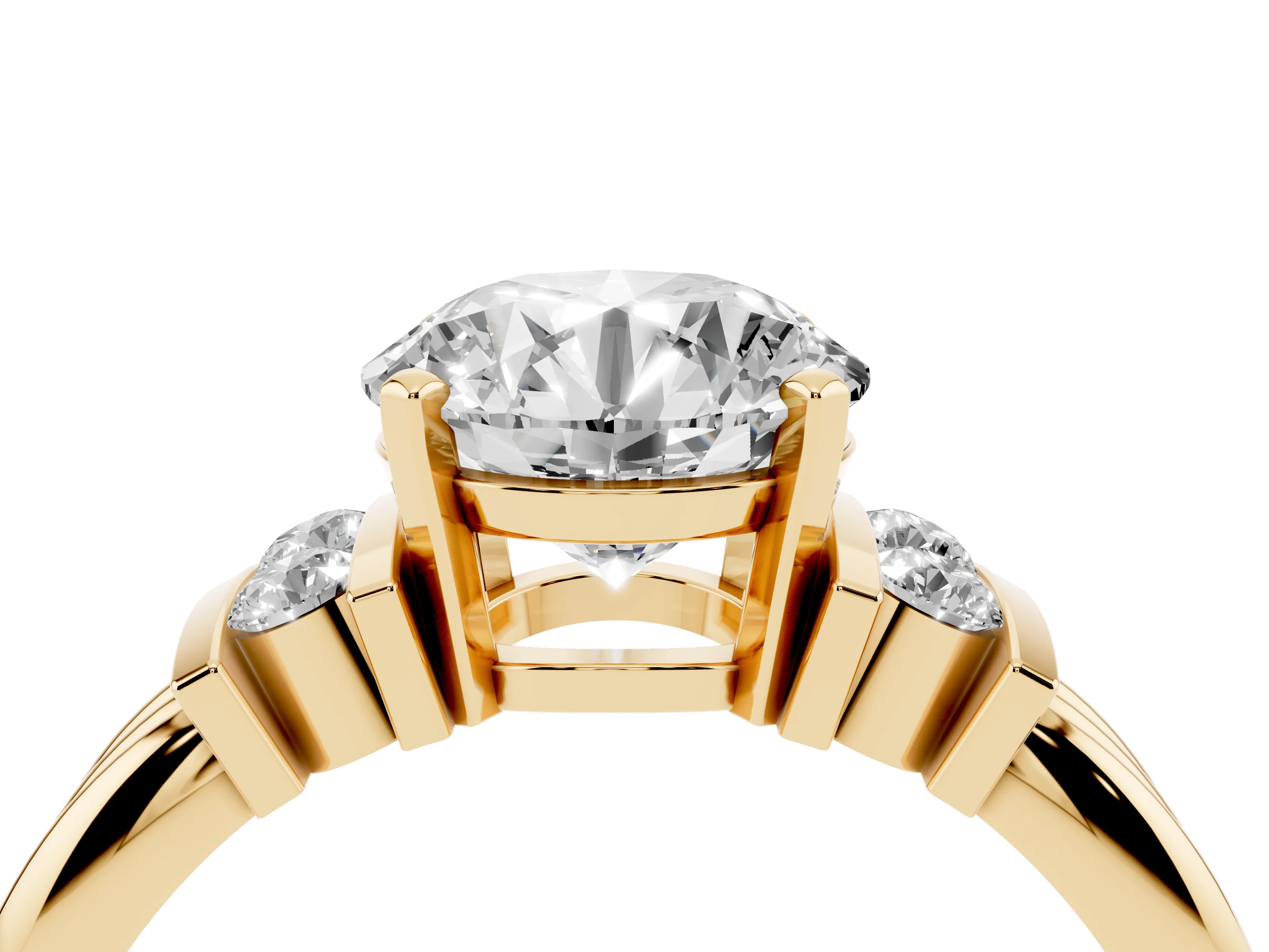 Three-Stone Round Cut Diamond Channel Set Ring Set in Yellow gold with Bar Prongs